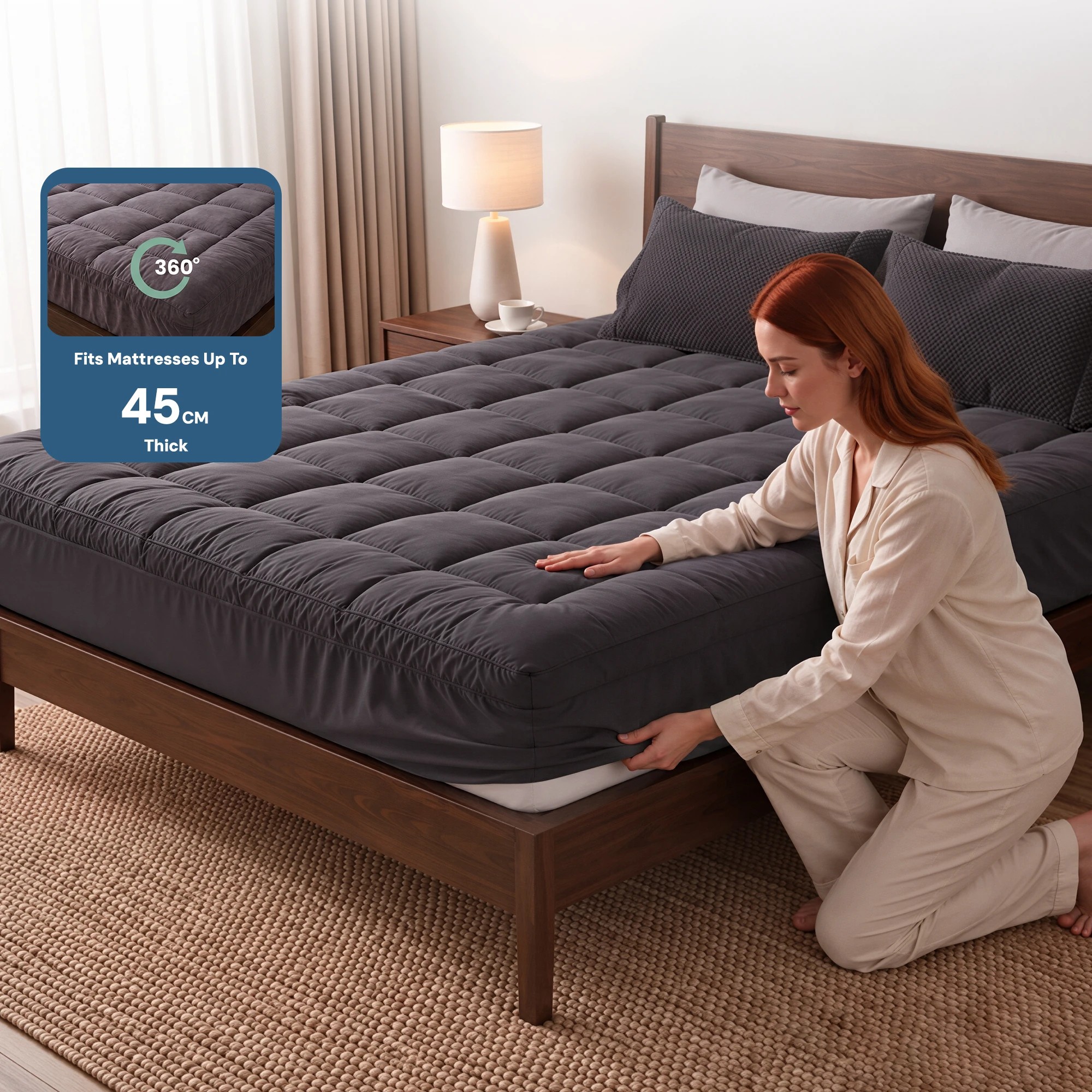 2 Giselle Bedding 5cm Bamboo Charcoal Filling Pillowtop Topper with 45cm Deep Pocket 1000GSM - King Single Bed - Grey, 2 of 10