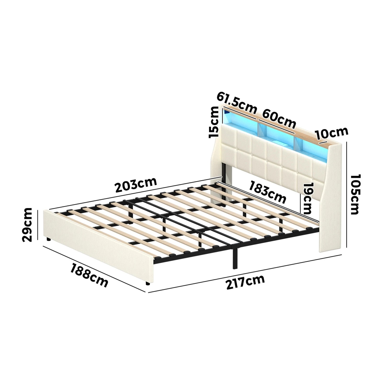 2 Oikiture King Size Bed Frame with LED Storage Headboard USB Charging - Beige, 2 of 6
