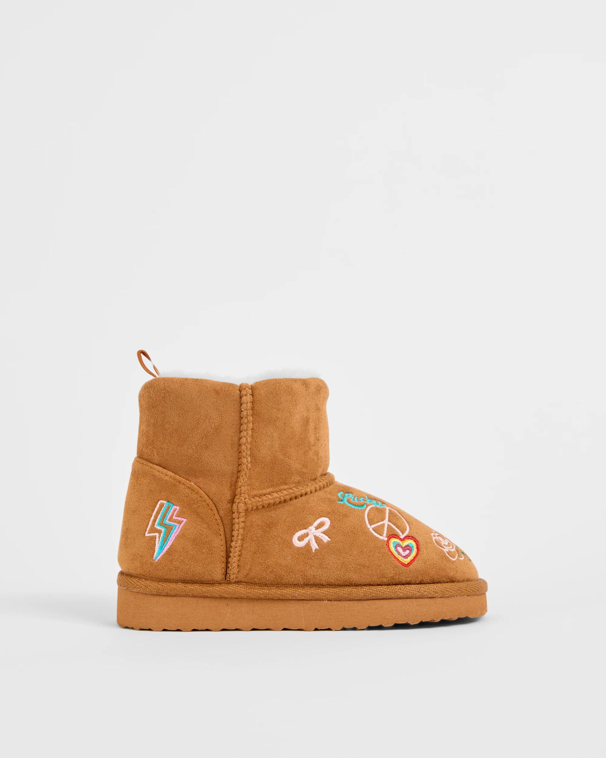 1 Target Kids Embroidered Novelty Slipper Boots TAN, 1 of 3