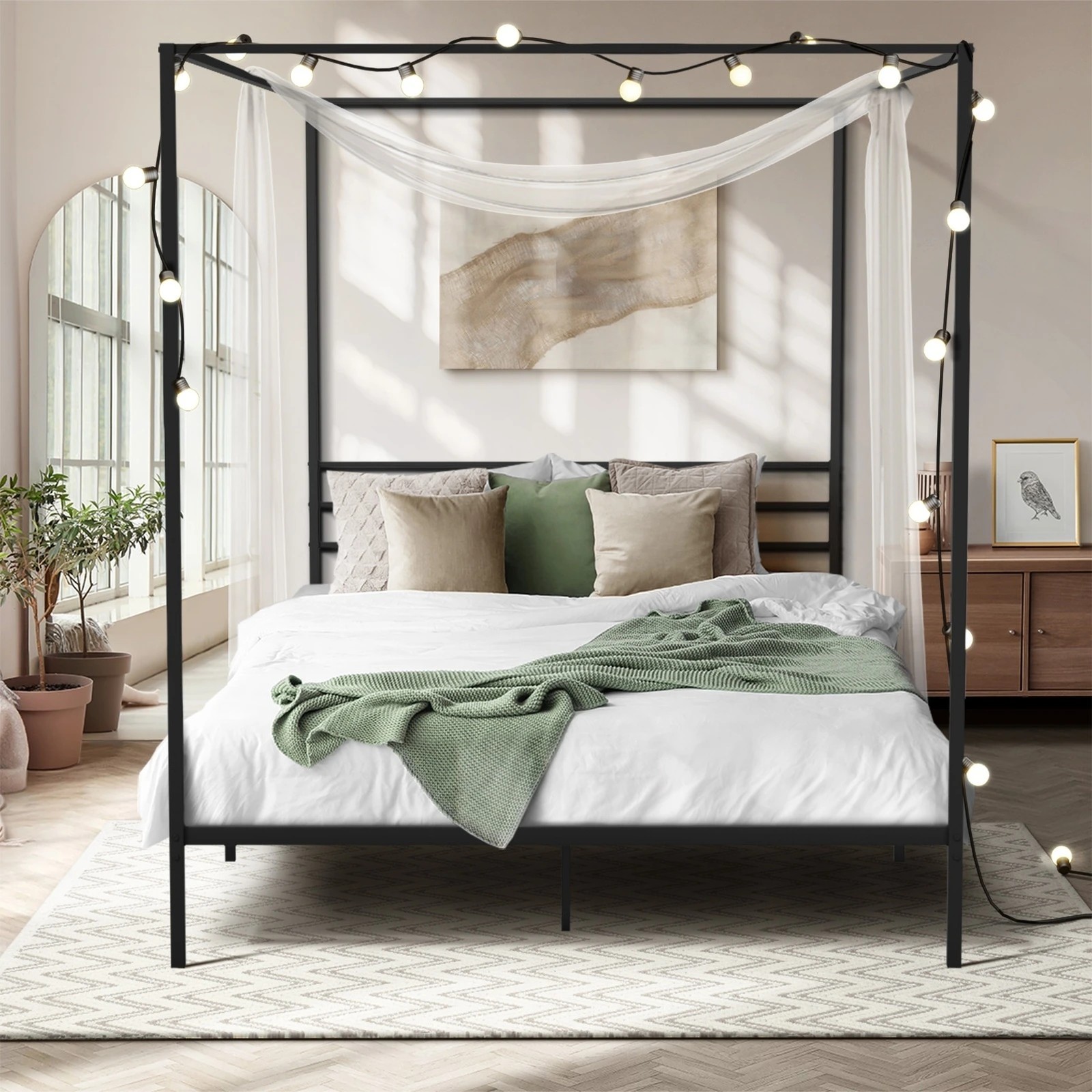 3 Oikiture Metal Canopy Bed Frame Queen Size Beds Platform
 - Black, 3 of 9
