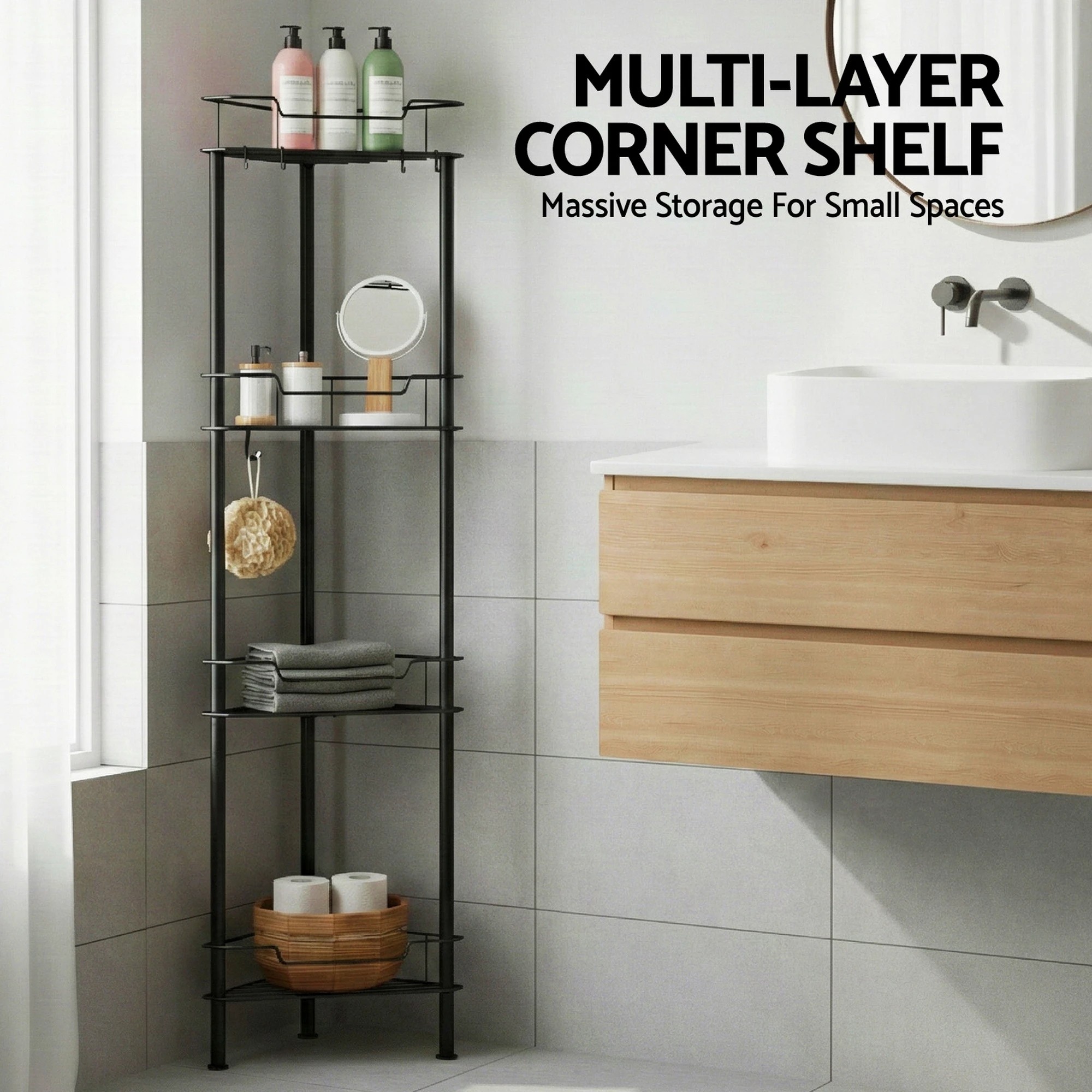 3 Artiss 4 Tier Floor Standing Corner Shower Caddy Bathroom Organizer - Black, 3 of 8
