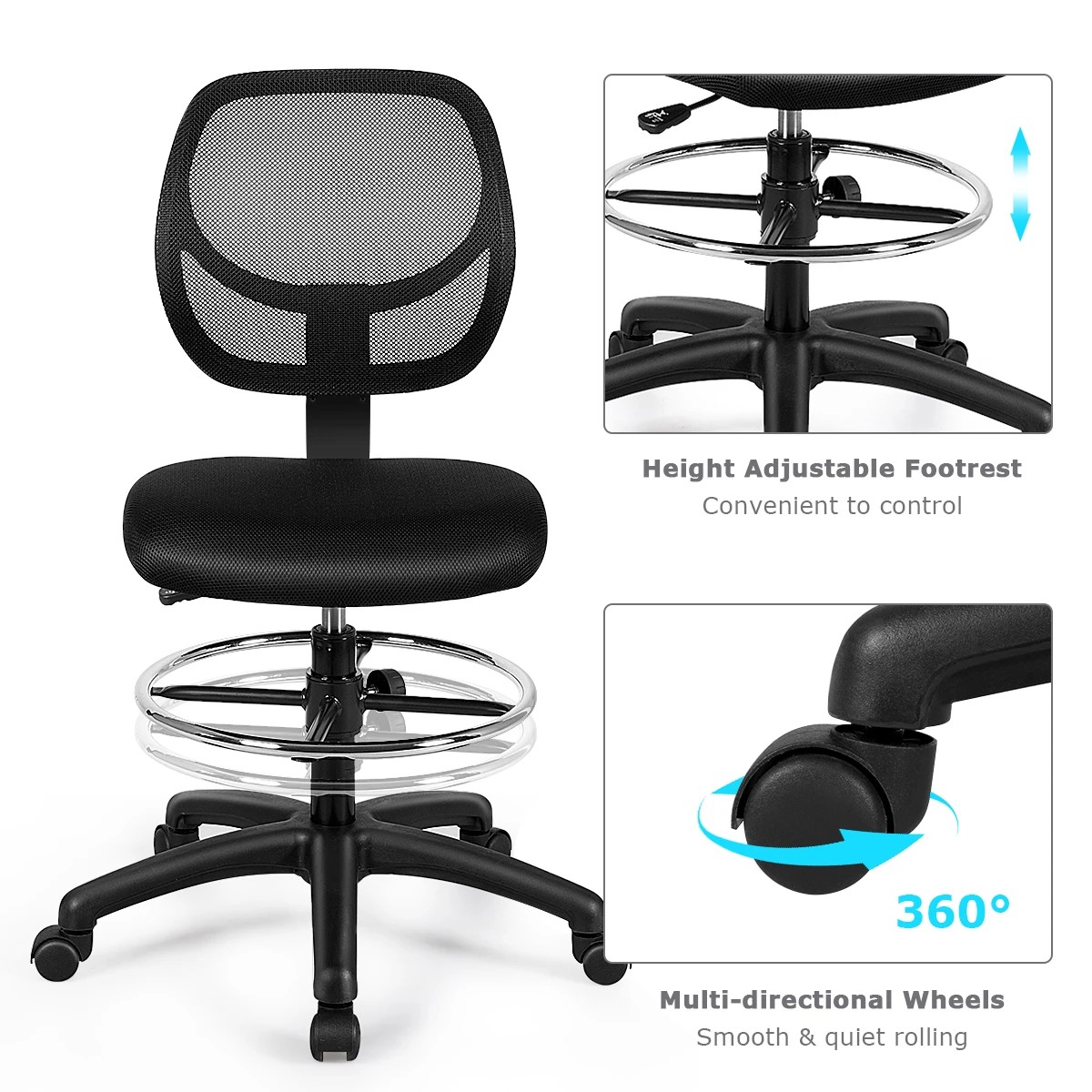 4 Costway Mesh Drafting Chair Ergonomic Office Chair Task Executive Chair, 4 of 9