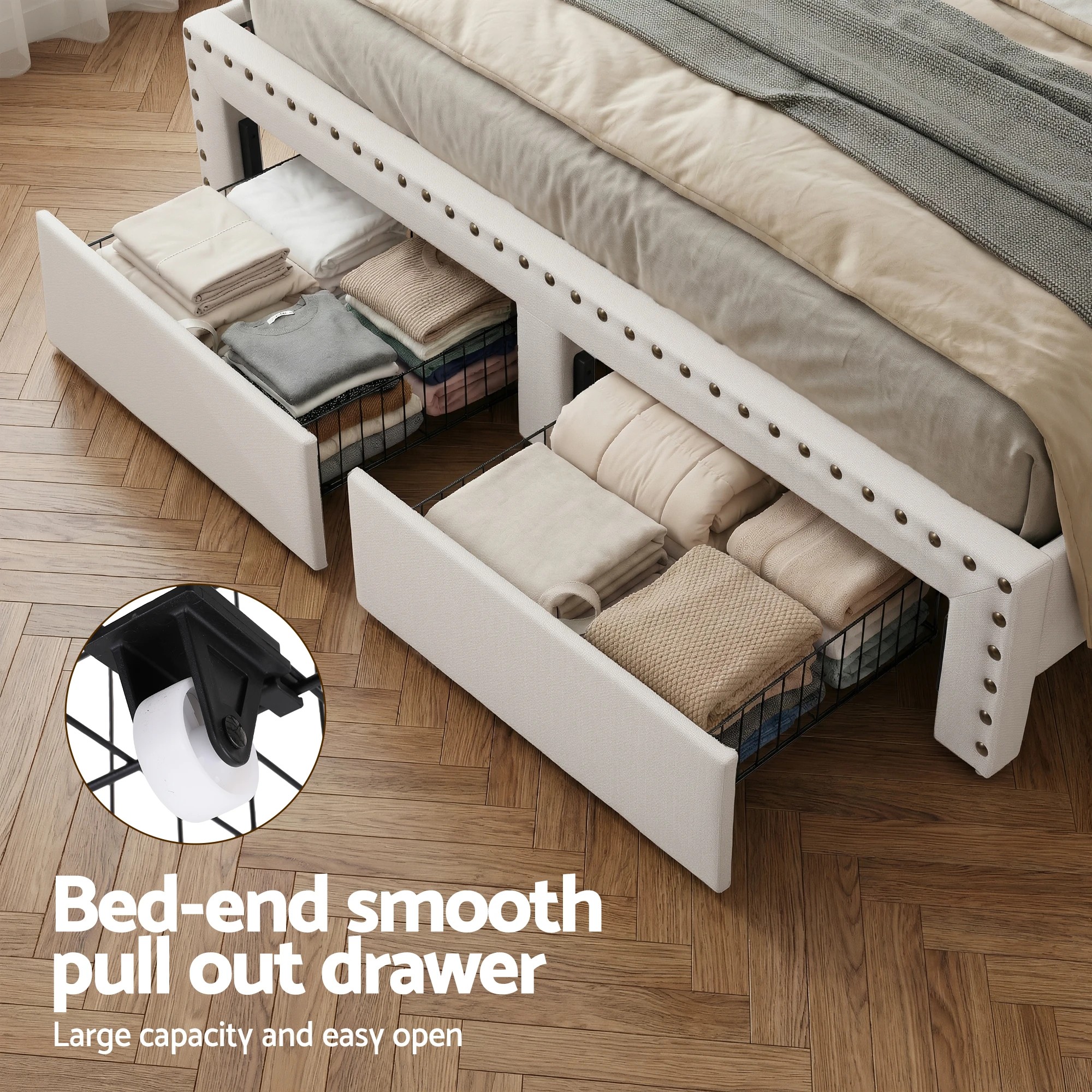 4 Artiss King Bed Frame with Shelf Storage Drawers Charging Station Mood Lighting Linen - Beige, 4 of 6