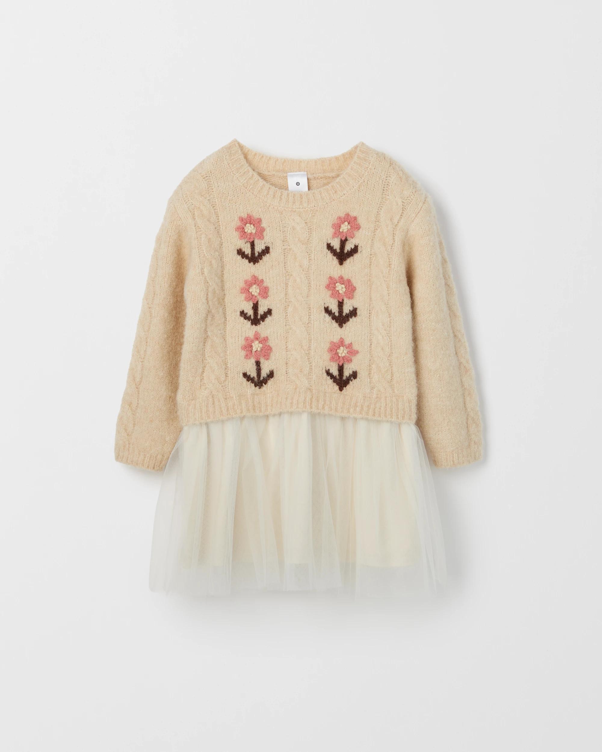 6 Target Kids Long Sleeve Knit Jumper Tulle Embroidered Dress GARDENIA CREAM, 6 of 6