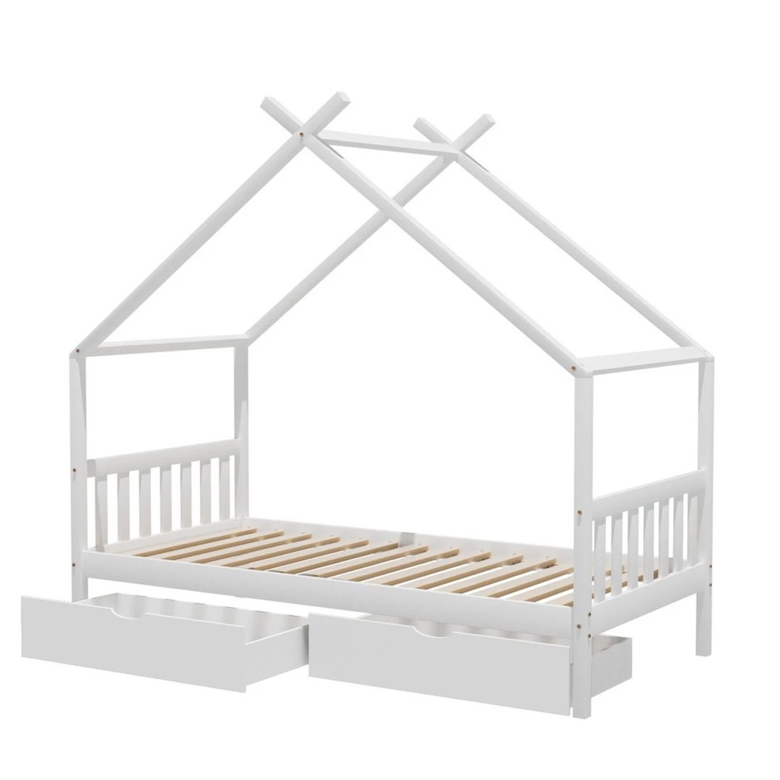 1 Artiss Bed Frame Wooden Base Kids Single Timber House  with 2 Storage Drawers - White, 1 of 5