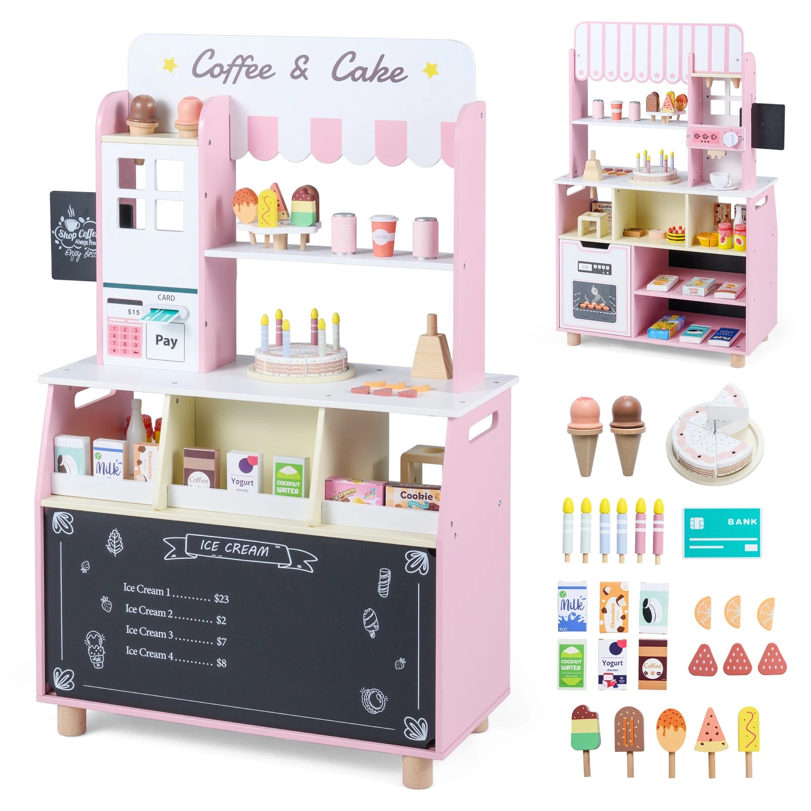 1 Costway Wooden Ice Cream Stand Shop Pretend Play Grocery Store - Pink, 1 of 1