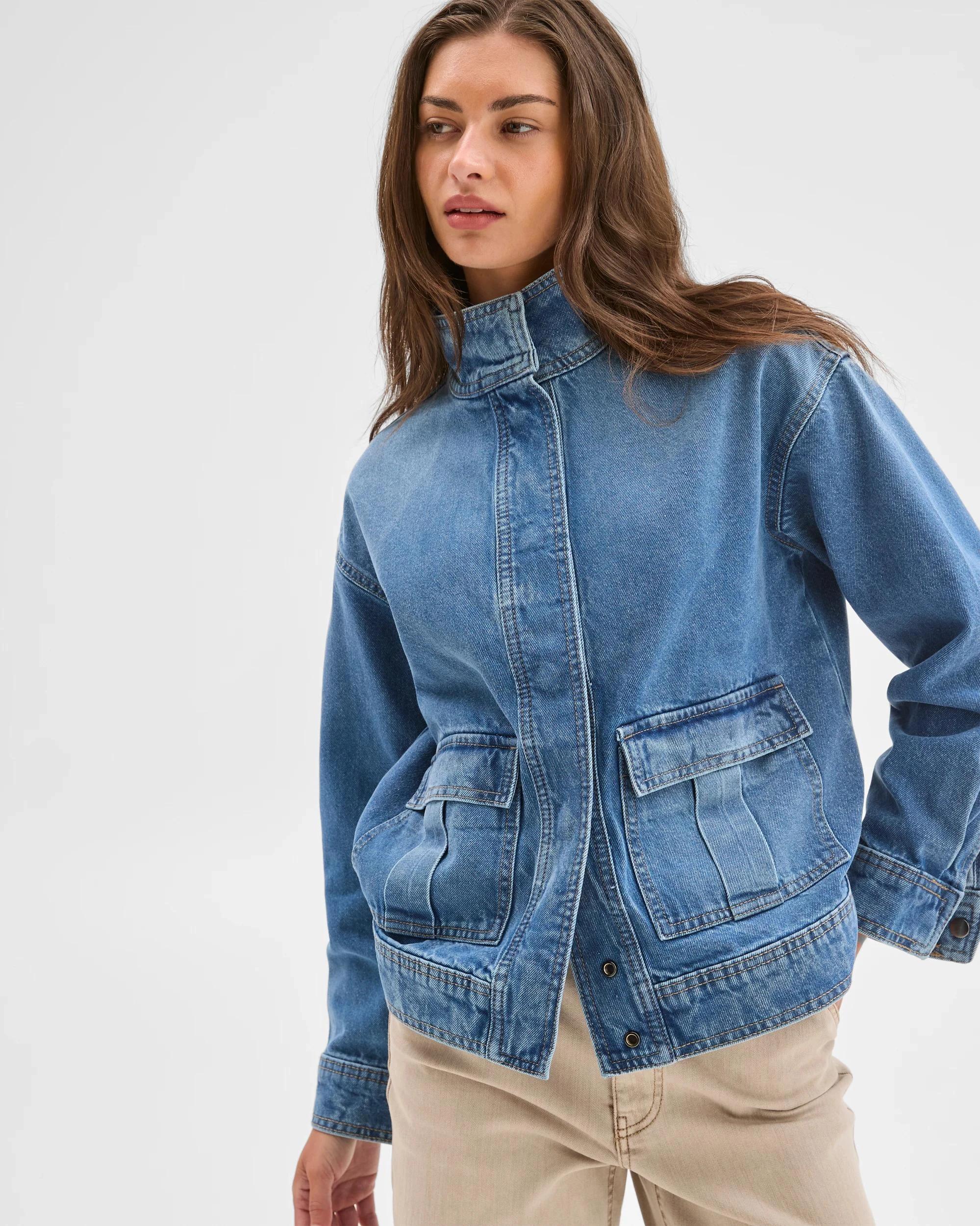 3 Target Petites Petites Funnel Neck Denim Jacket MID BLUE, 3 of 5