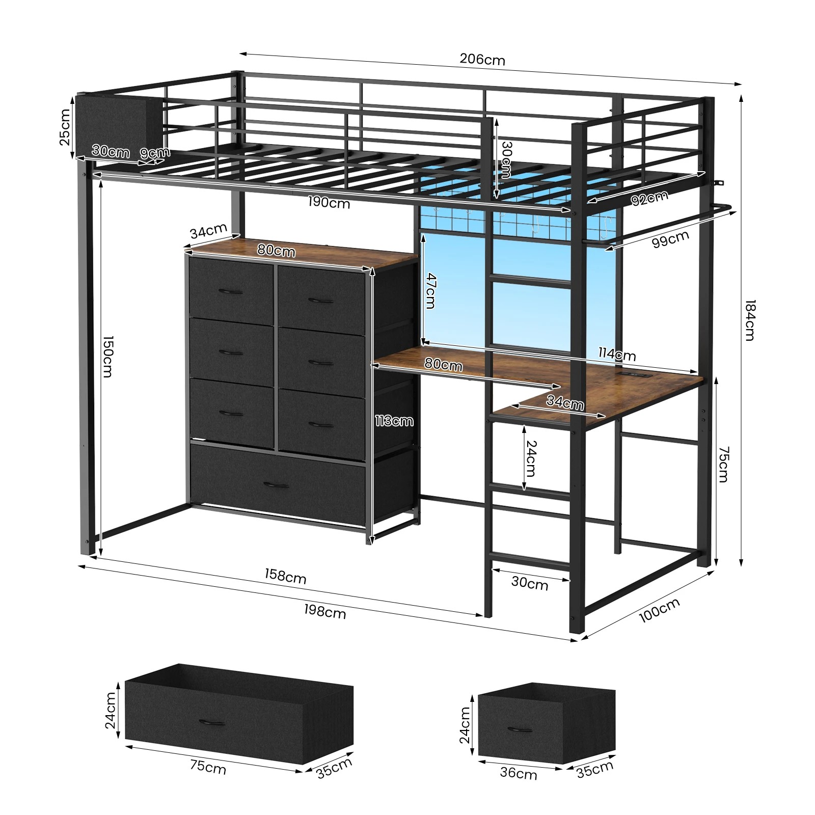 Advwin Loft Bed Frame with L-Shaped Desk and 7 Storage Drawers Single ...