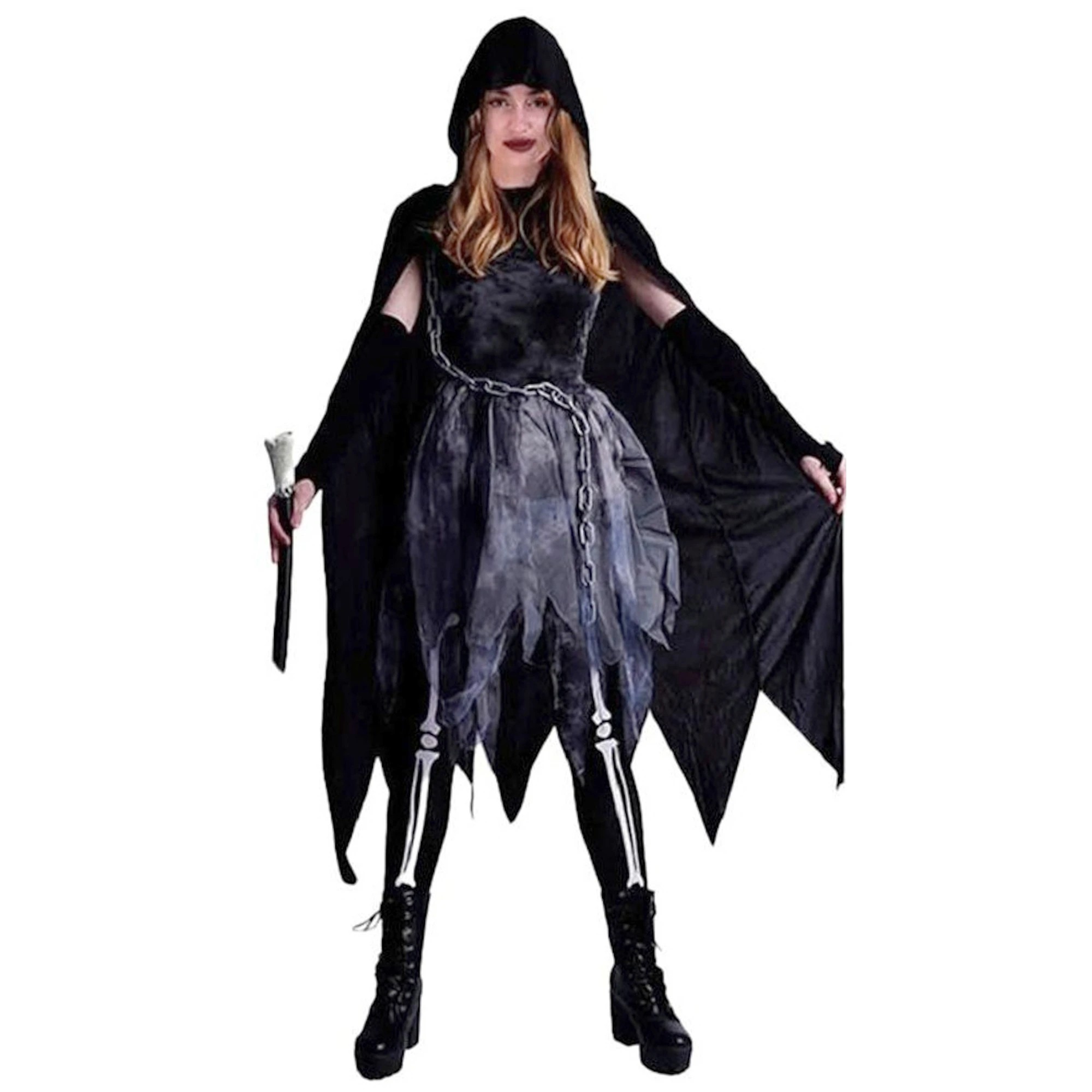 1 JD Party Womens Grim Costume Hooded Cape Tattered Layered Dress XS/S - Black, 1 of 3
