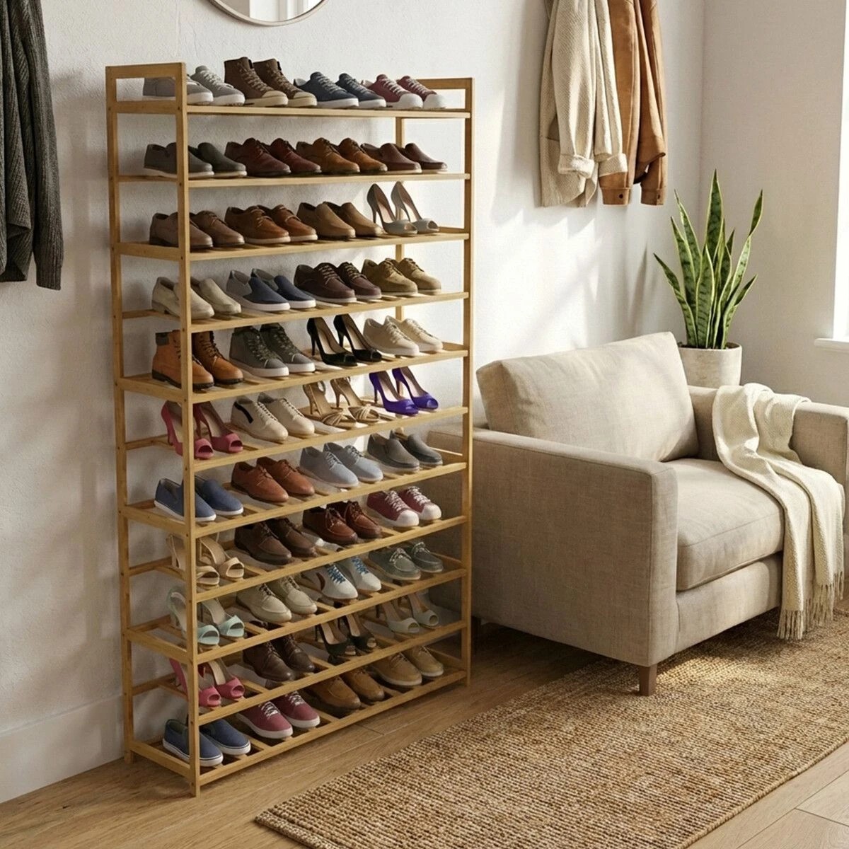 6 AUSWAY Bamboo Shoe Rack Cabinet Storage 11 Tier Shelves Footwear Organiser, 6 of 6