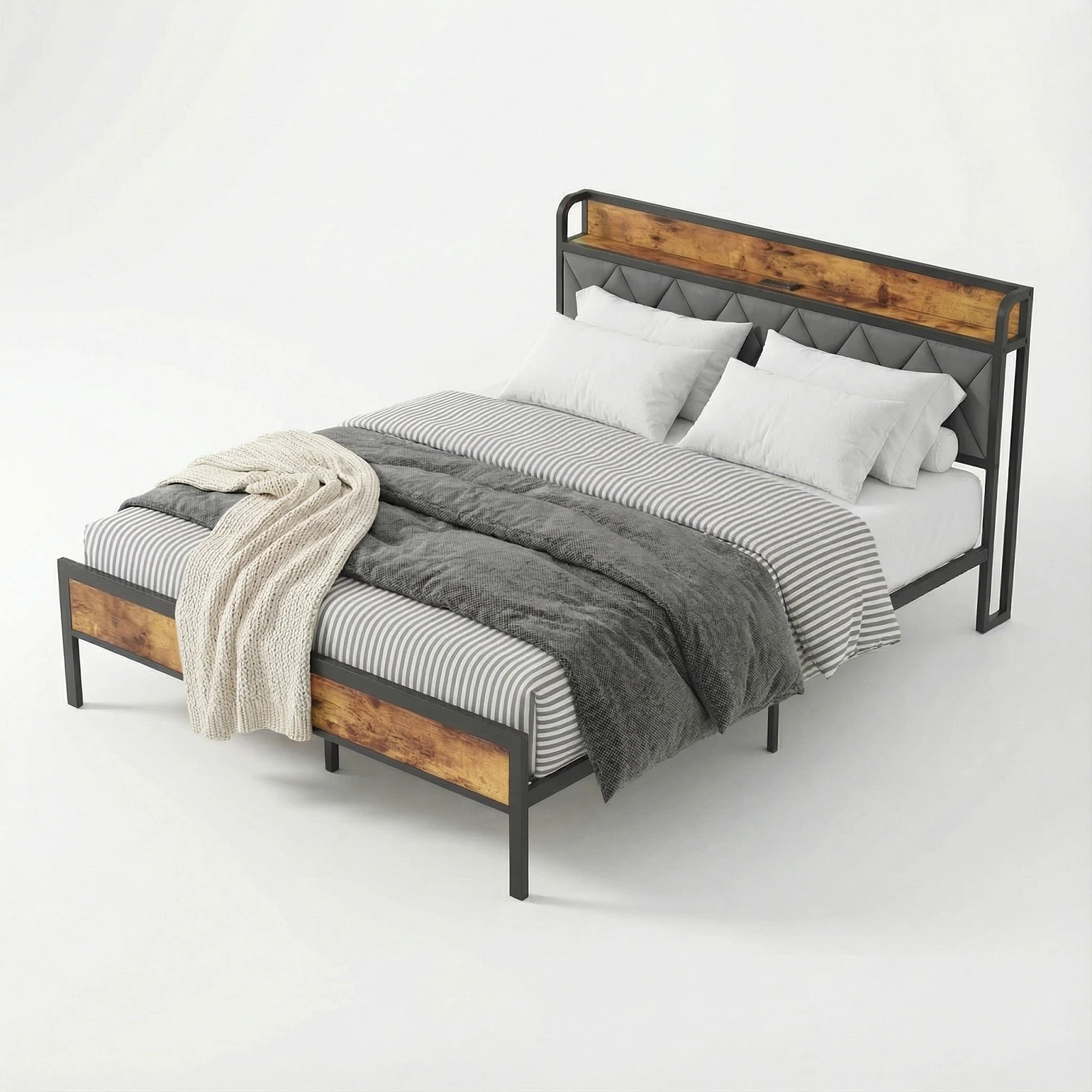 1 Advwin Double Bed Frame With Charging Station & Usb Ports Storage Tufted Headboard Shelf, 1 of 8