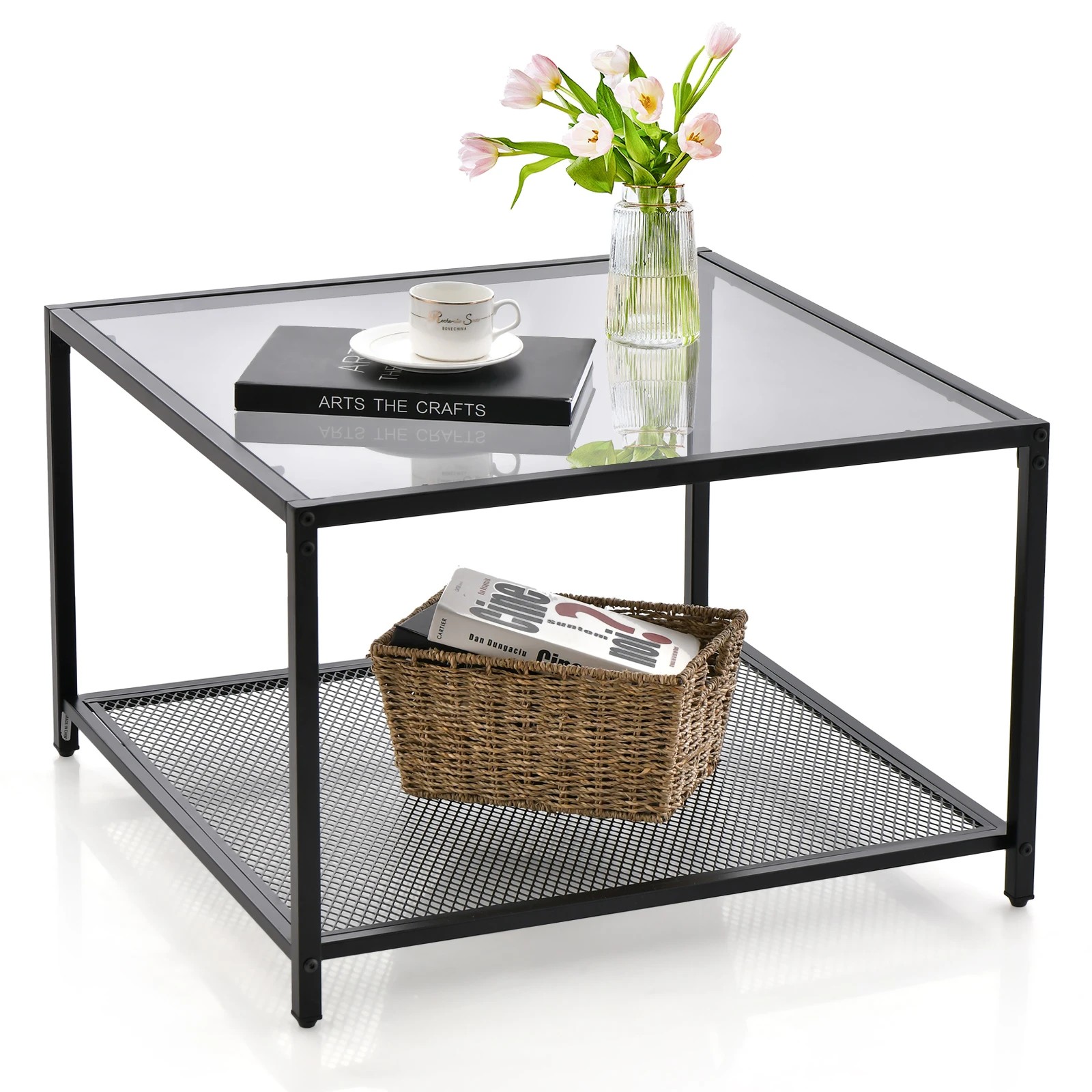 4 Costway 2-Tier Coffee Table Square Side Table Glass Tabletop w/Mesh Shelf, 4 of 4