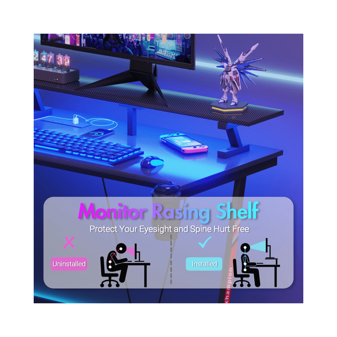 8 Advwin L Shaped Gaming Desk With Led Lights & Power Outlets 120cm - Black, 8 of 10