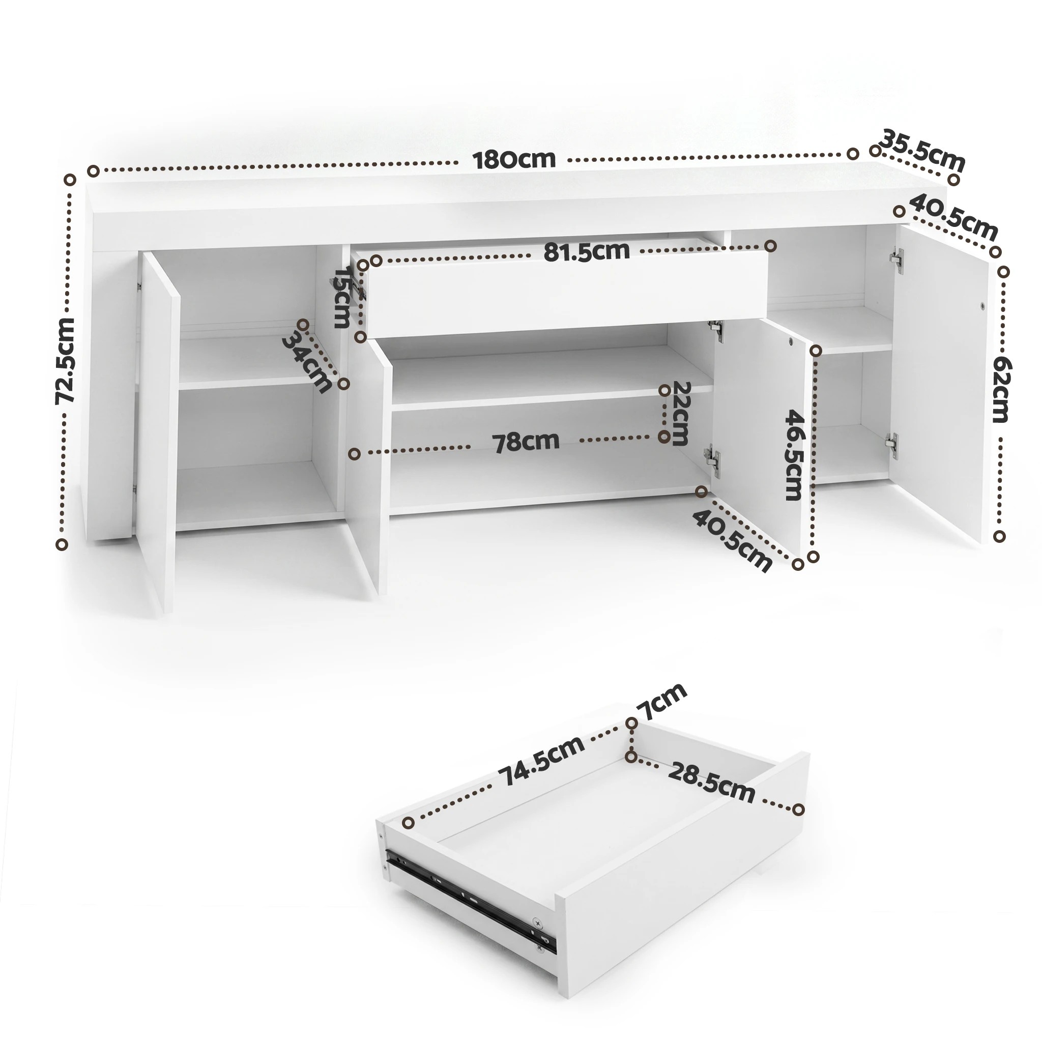 3 Artiss Buffet Unit Cabinet Sideboard 180CM - DANA - White - White, 3 of 9