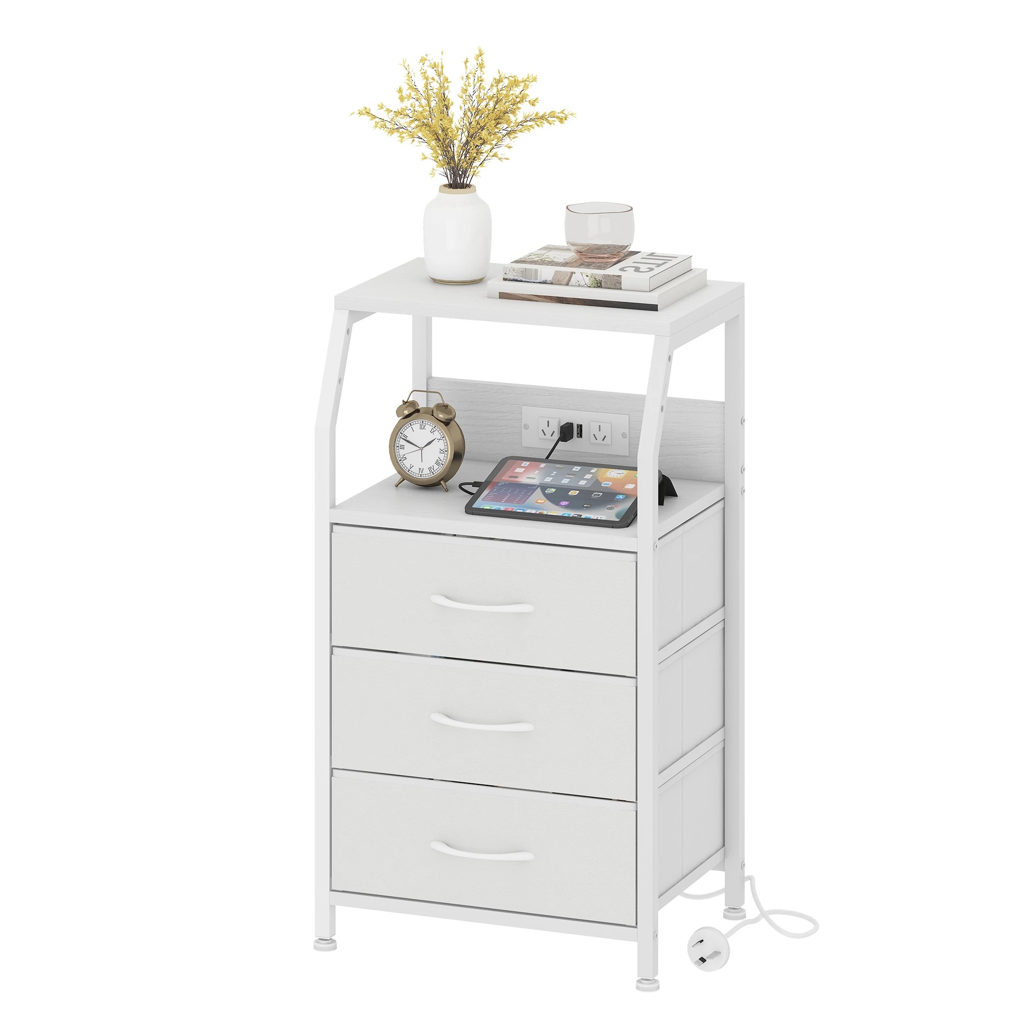1 Advwin Bedside Table with Charging Station 3 Fabric Drawers Nightstand - White, 1 of 9