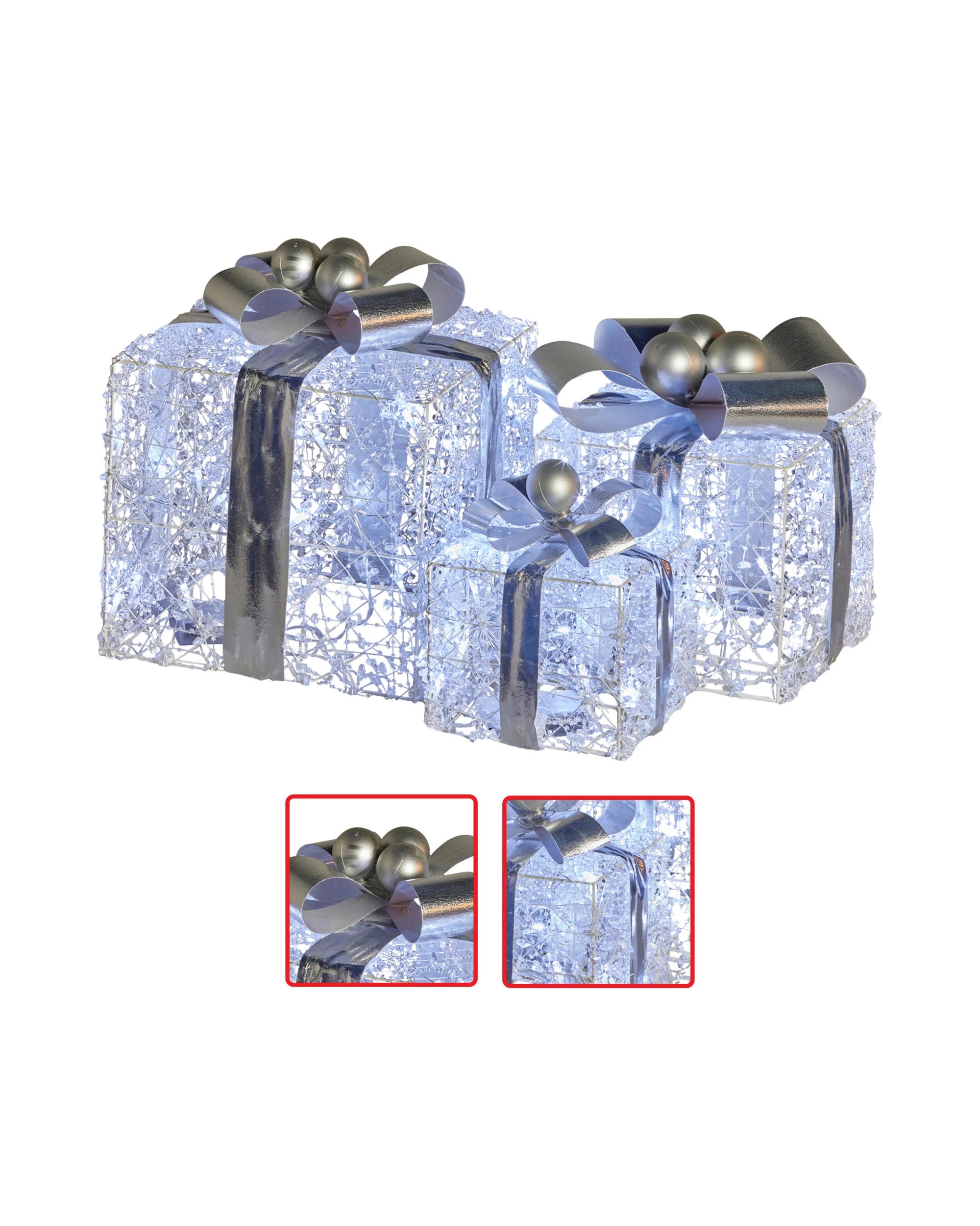5 Christabelle Set Of 3 Christmas Gift Boxes Display With Lights Jewelled Wire And Silver Bows, 5 of 7