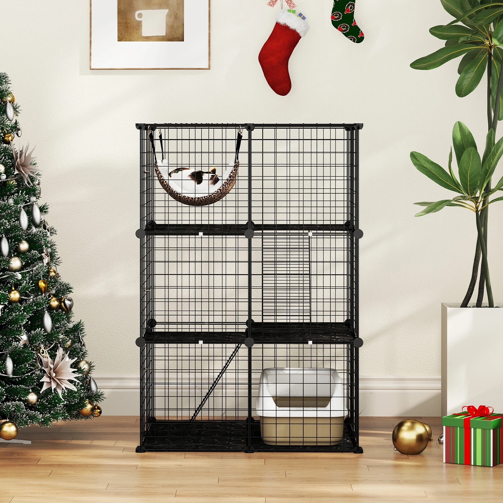 2 Costway 3 Tier Cat Enclosure 107 CM Large Cat Cage w/Hammock, 2 of 4