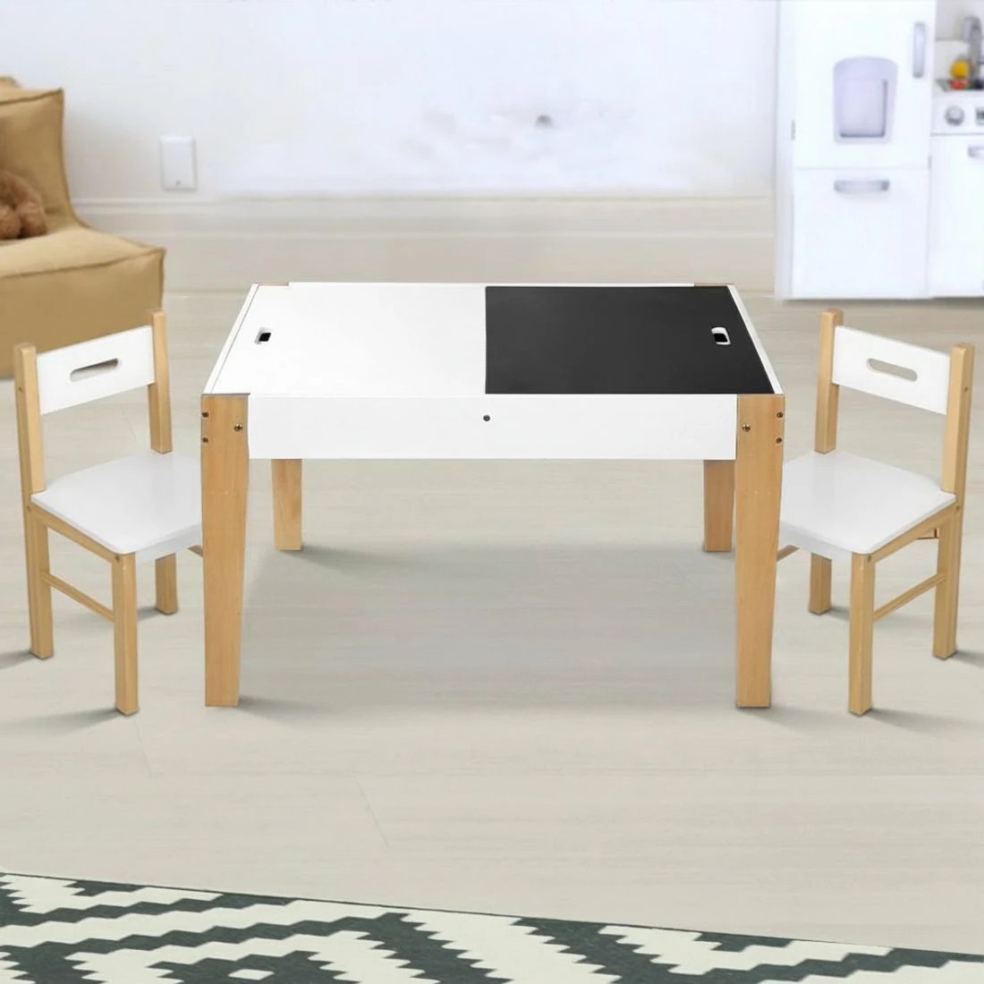 3 Keezi 3PCS Kids Table and Chairs Set Storage Toys Play Activity Desk Chalkboard - White, 3 of 8