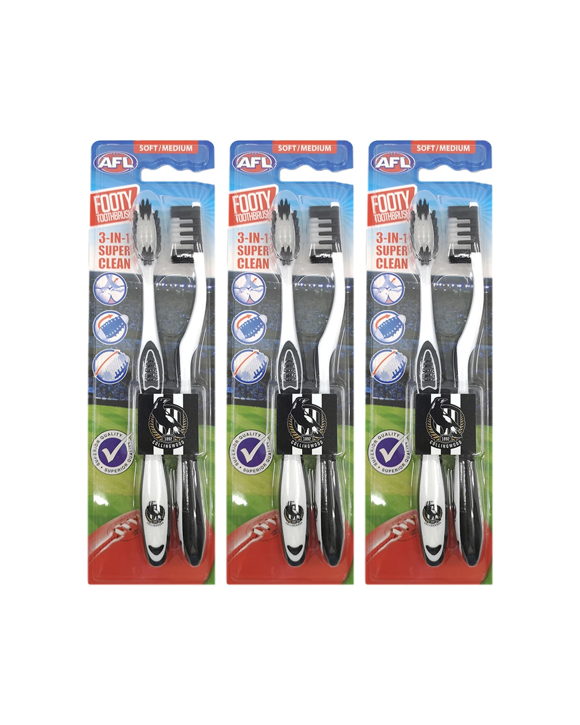 1 AFL 3x 2pc Soft/Medium Toothbrush Oral Care Collingwood Magpies Kids/Adults - Multi, 1 of 1