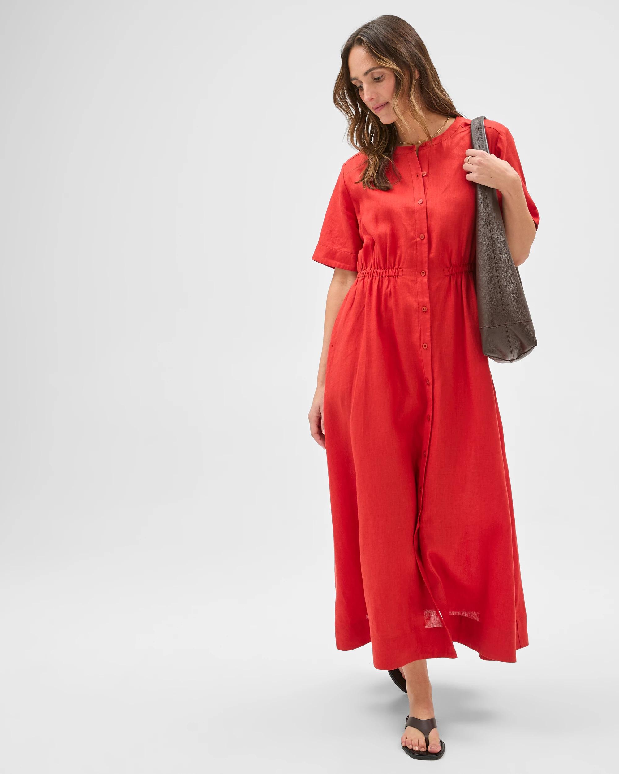 1 Target Woman European Linen Short Sleeve Midi Femme Dress WARM TERRACOTTA, 1 of 7