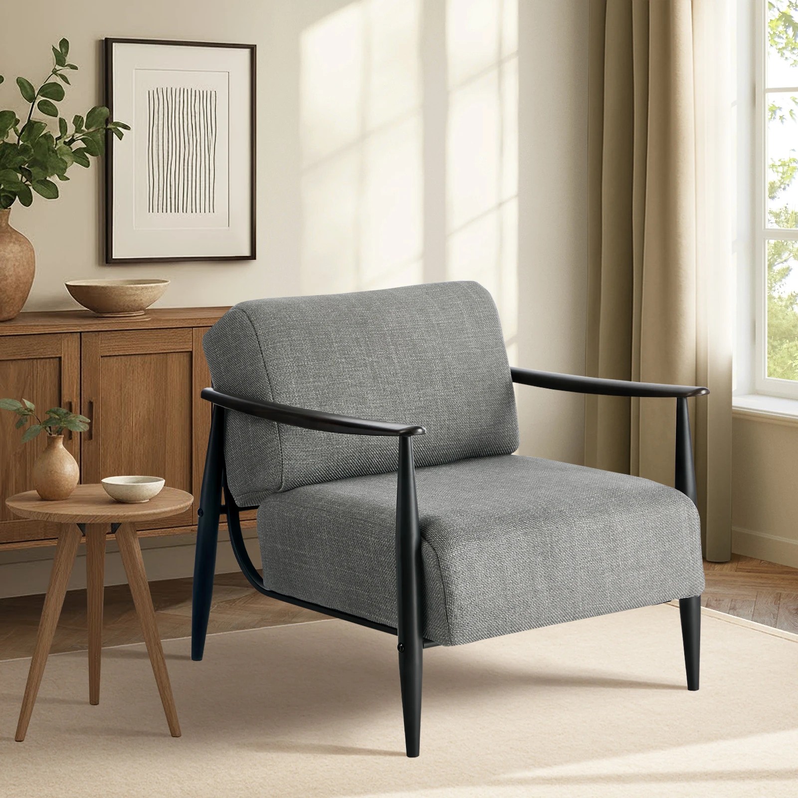 3 Oikiture Wooden Armchair Lounge Sofa Chair Fabric Accent Armchairs - Grey, 3 of 10