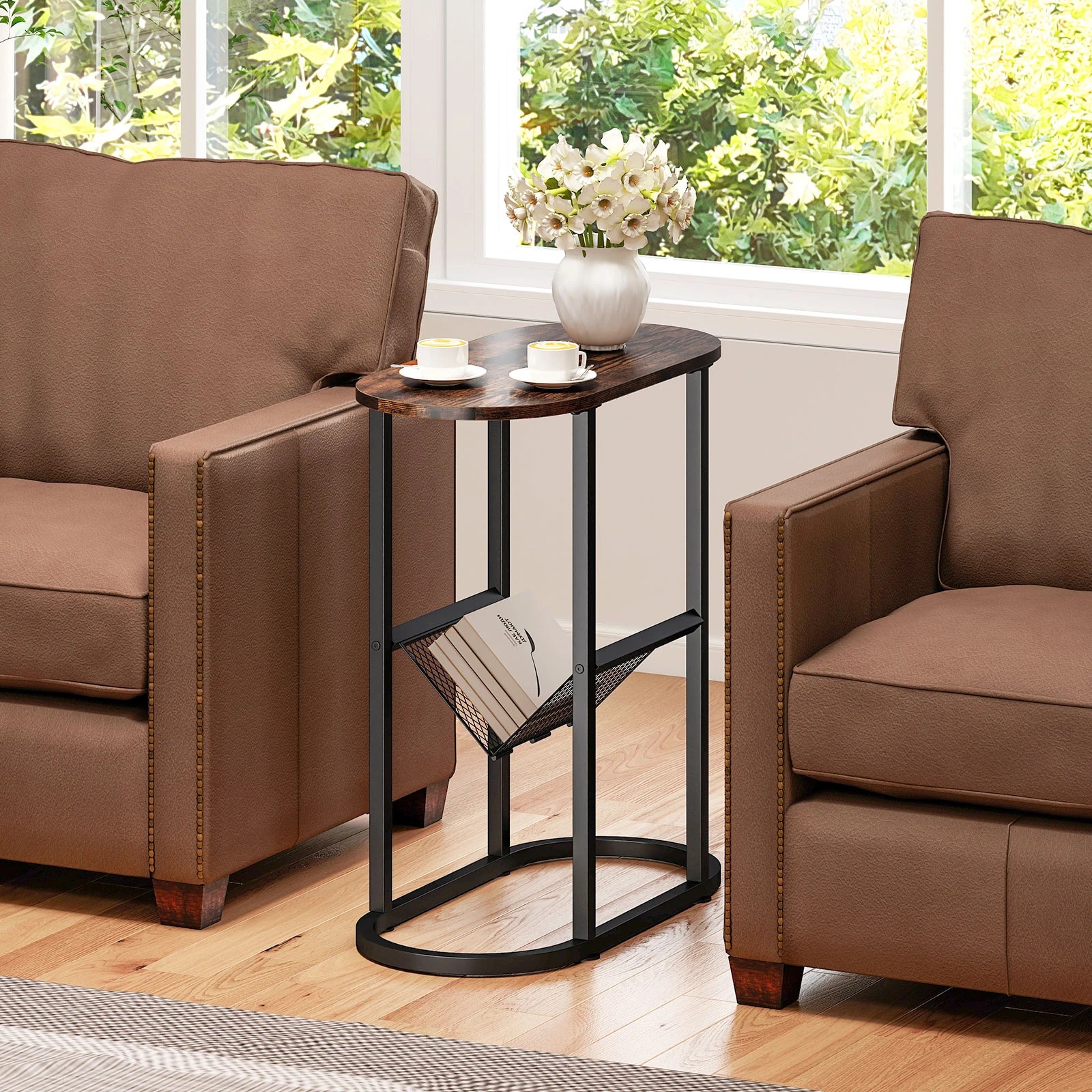 2 Costway Narrow Oval Side Table w/Magazine Holder 2-Tier Slim Couch End Table - Brown, 2 of 3