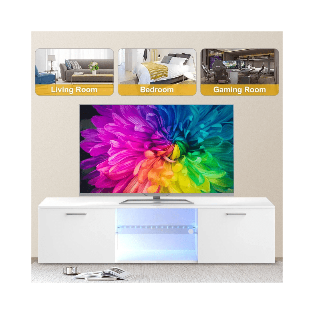 8 Advwin Tv Cabinet 160cm Led Entertainment Unit Stand Glass Shelf White, 8 of 10