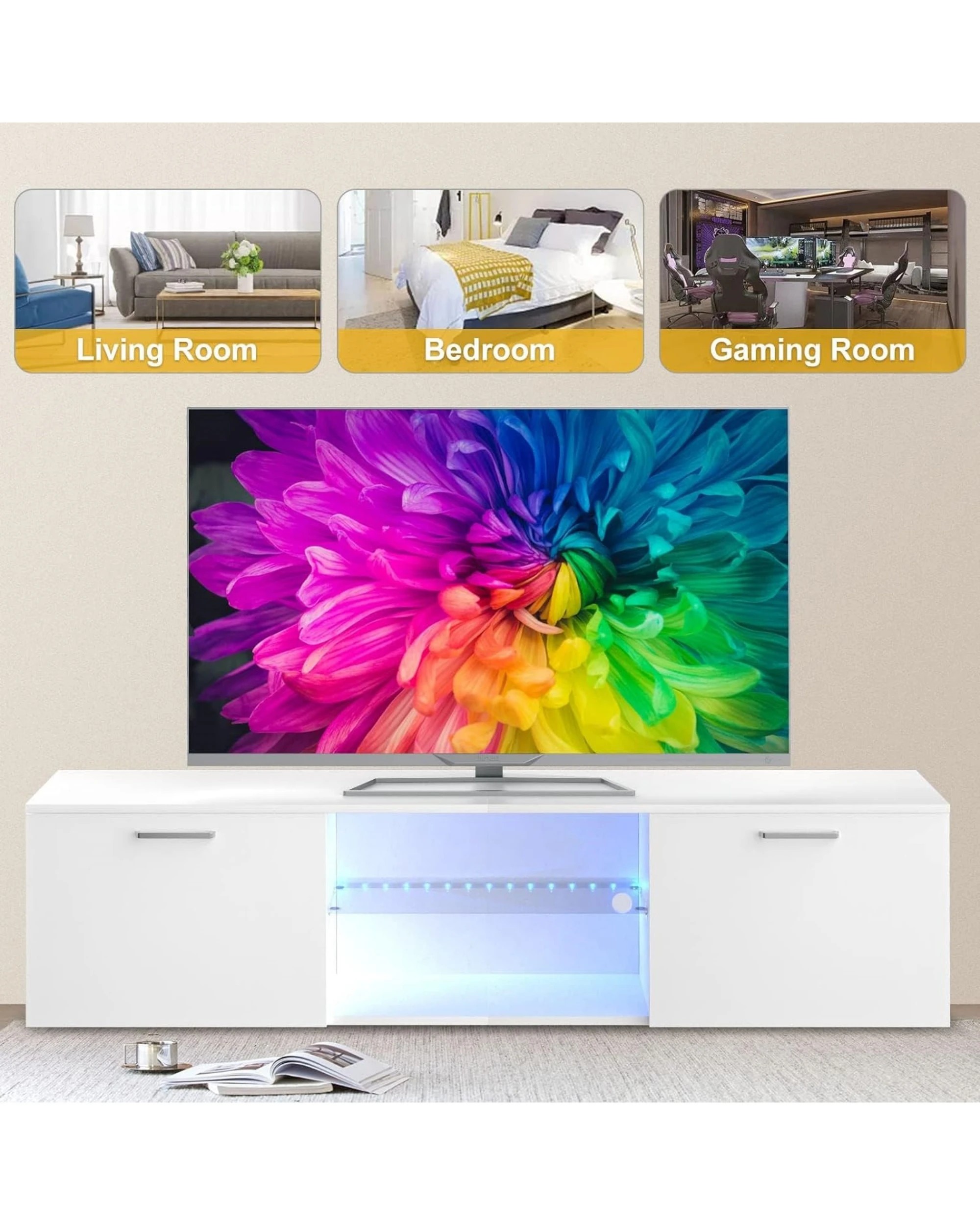 7 Advwin Tv Cabinet 160cm Led Entertainment Unit Stand Glass Shelf White, 7 of 9