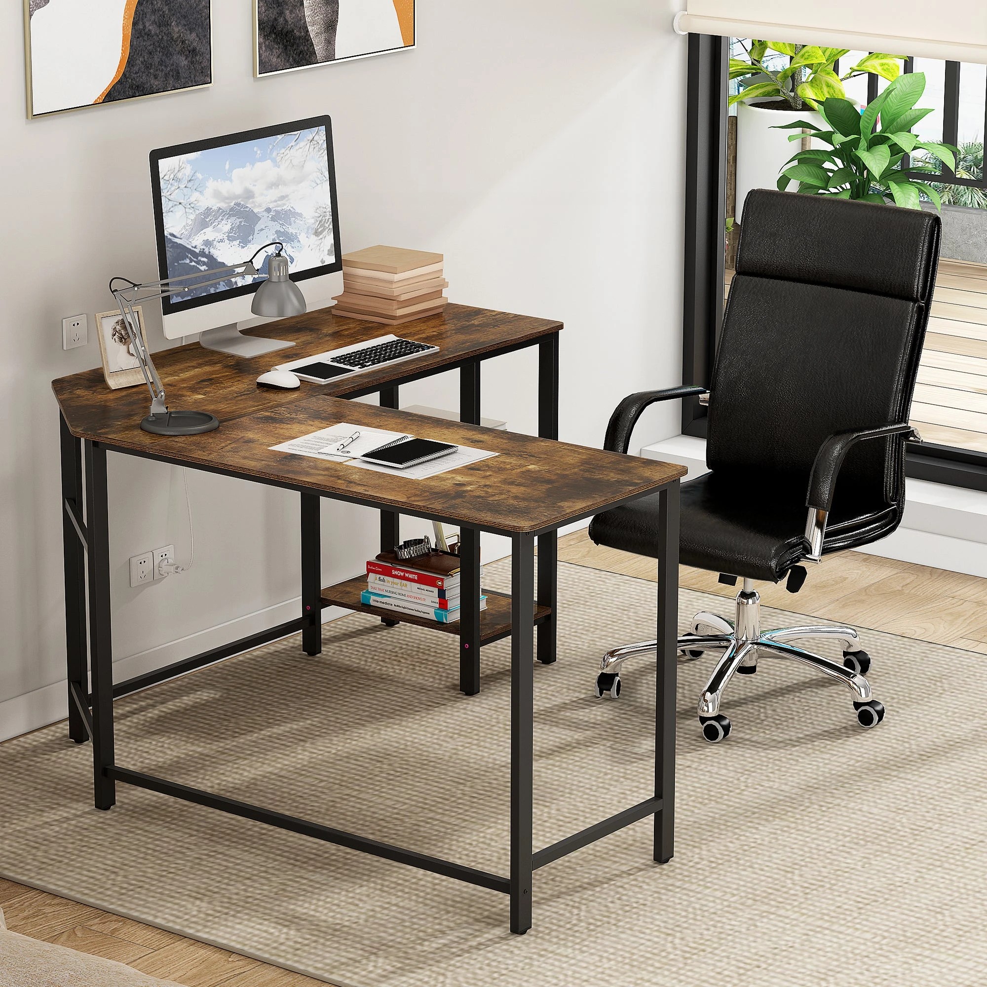 2 Foret Computer Desk Lshape Office Corner Table Storage Study Work Metal Antique, 2 of 10