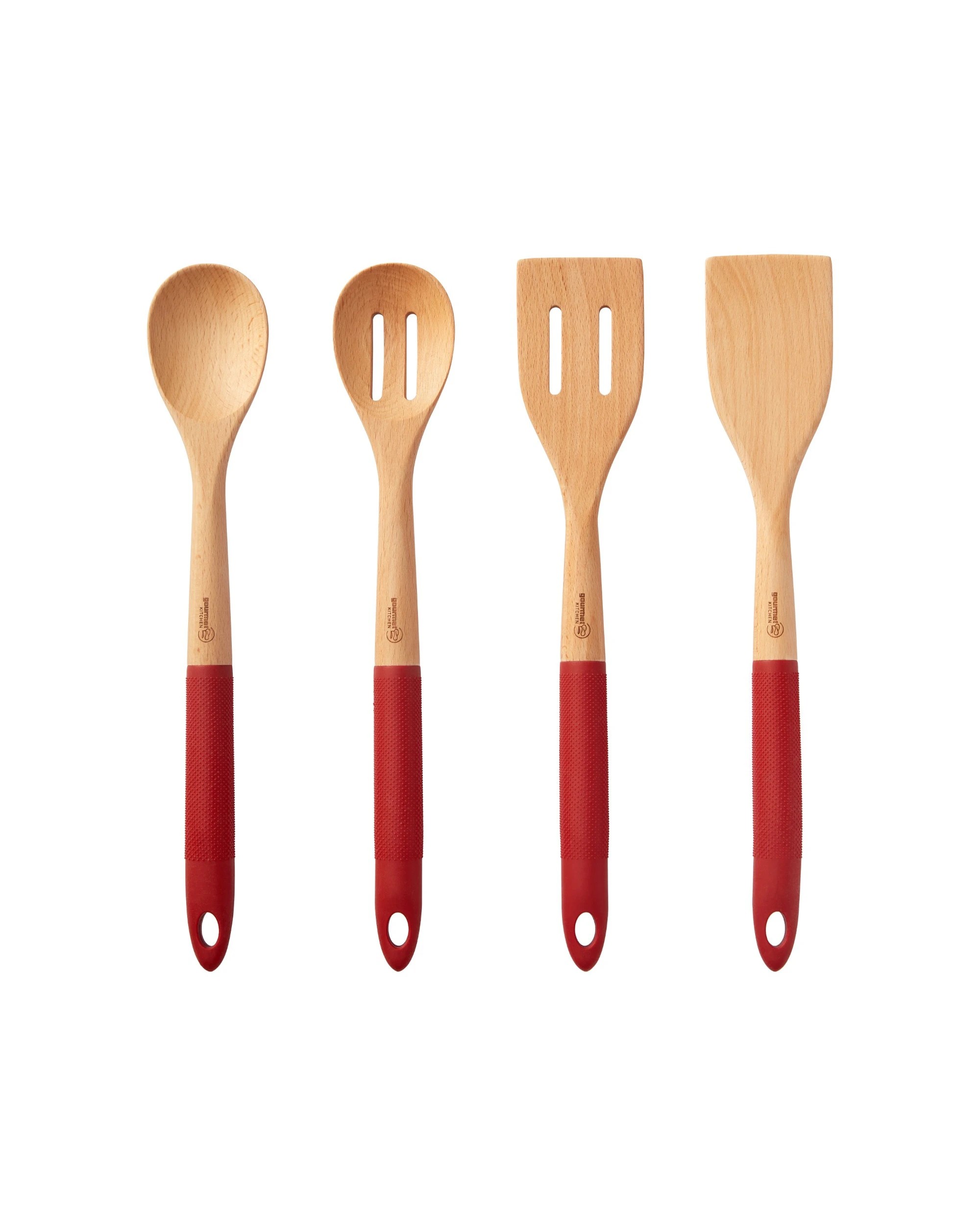1 Gourmet Kitchen 4 Piece Rustic Beech Wood Kitchen Utensil Set with Silicone Grip - Red, 1 of 9