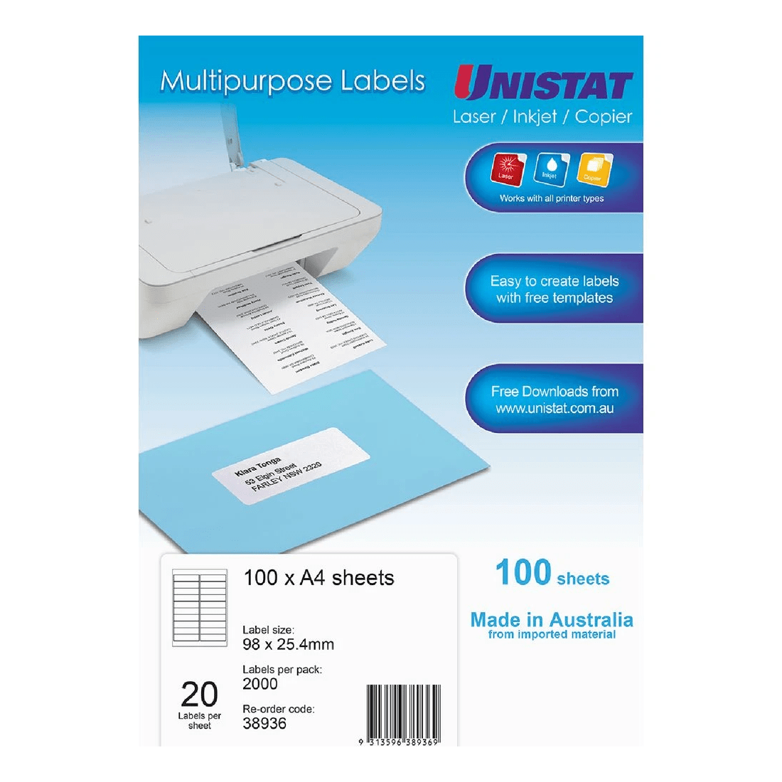 1 Unistat 20UP Inkjet Laser Labels 100 Sheets, 1 of 1