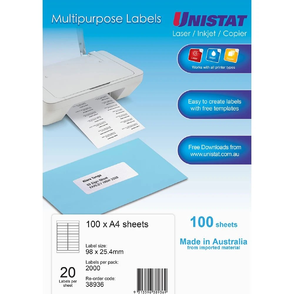1 Unistat 20UP Inkjet Laser Labels 100 Sheets, 1 of 1