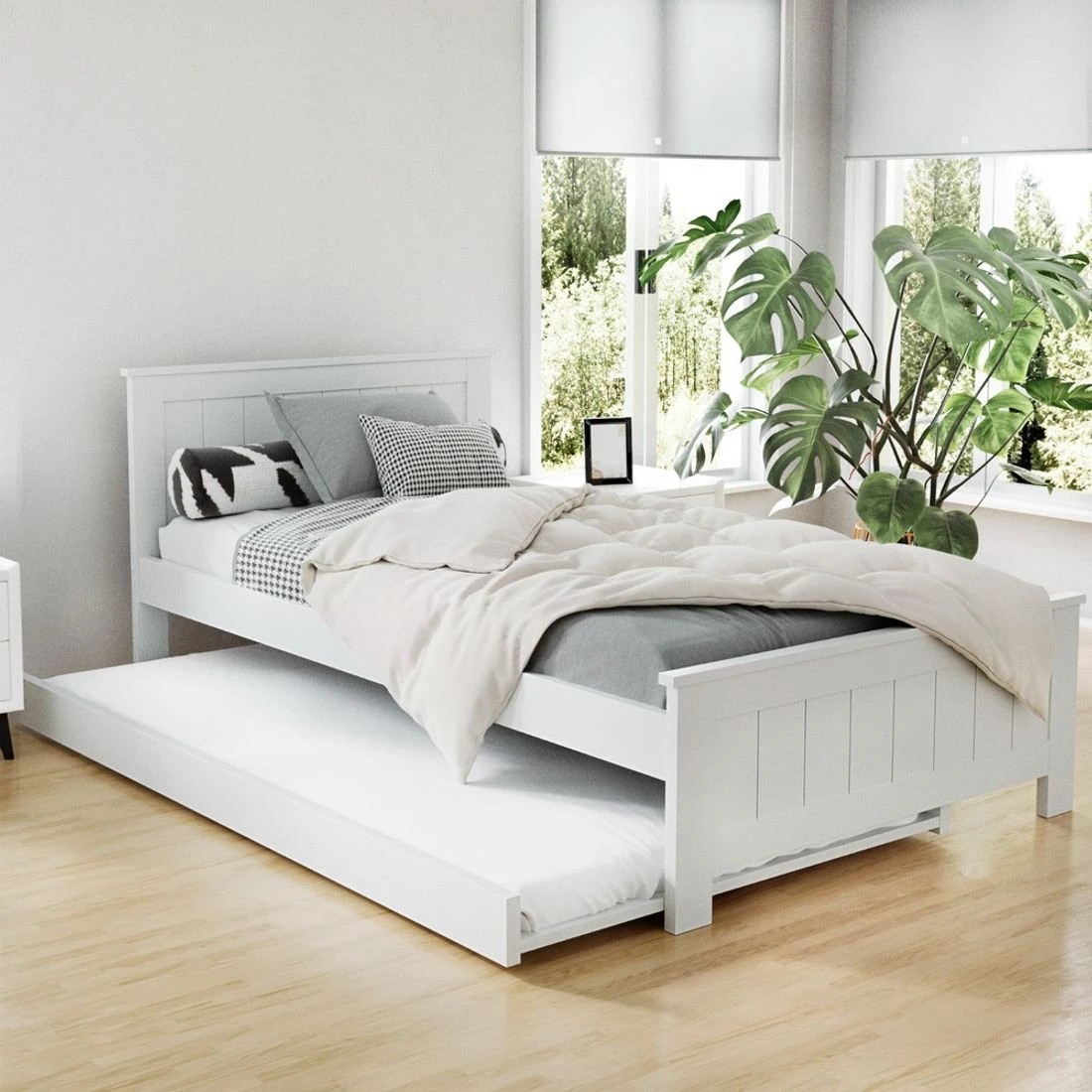 3 Artiss Bed Frame King Single Size Wooden Trundle Daybed - White, 3 of 8