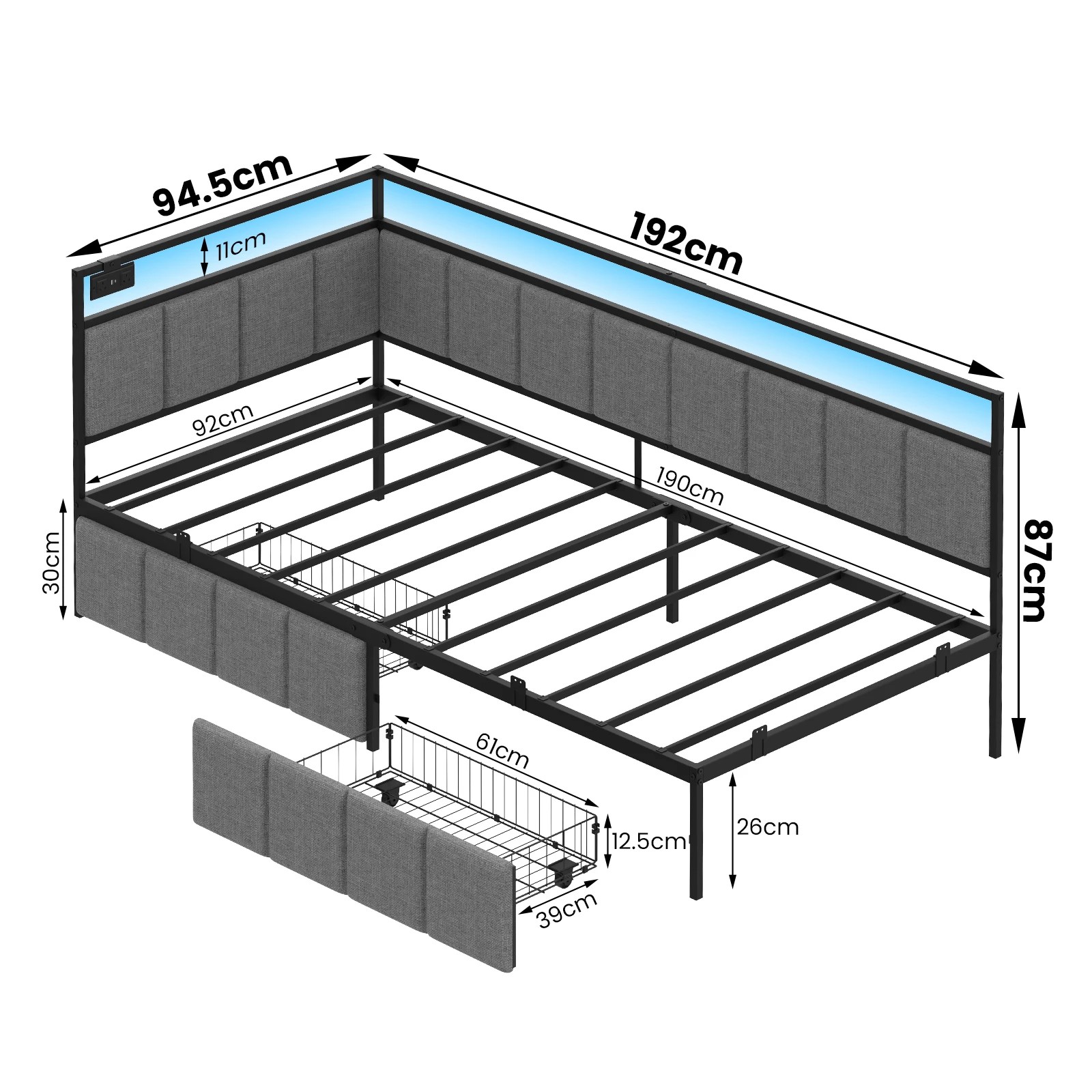 3 Advwin Single Corner Bed Frame with Charging Station and LED Light - Grey, 3 of 10