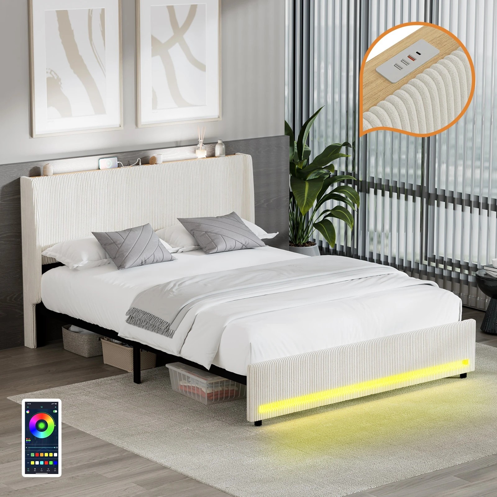 Oikiture Bed Frame Queen Size LED Headboard with USB Charging Station ...