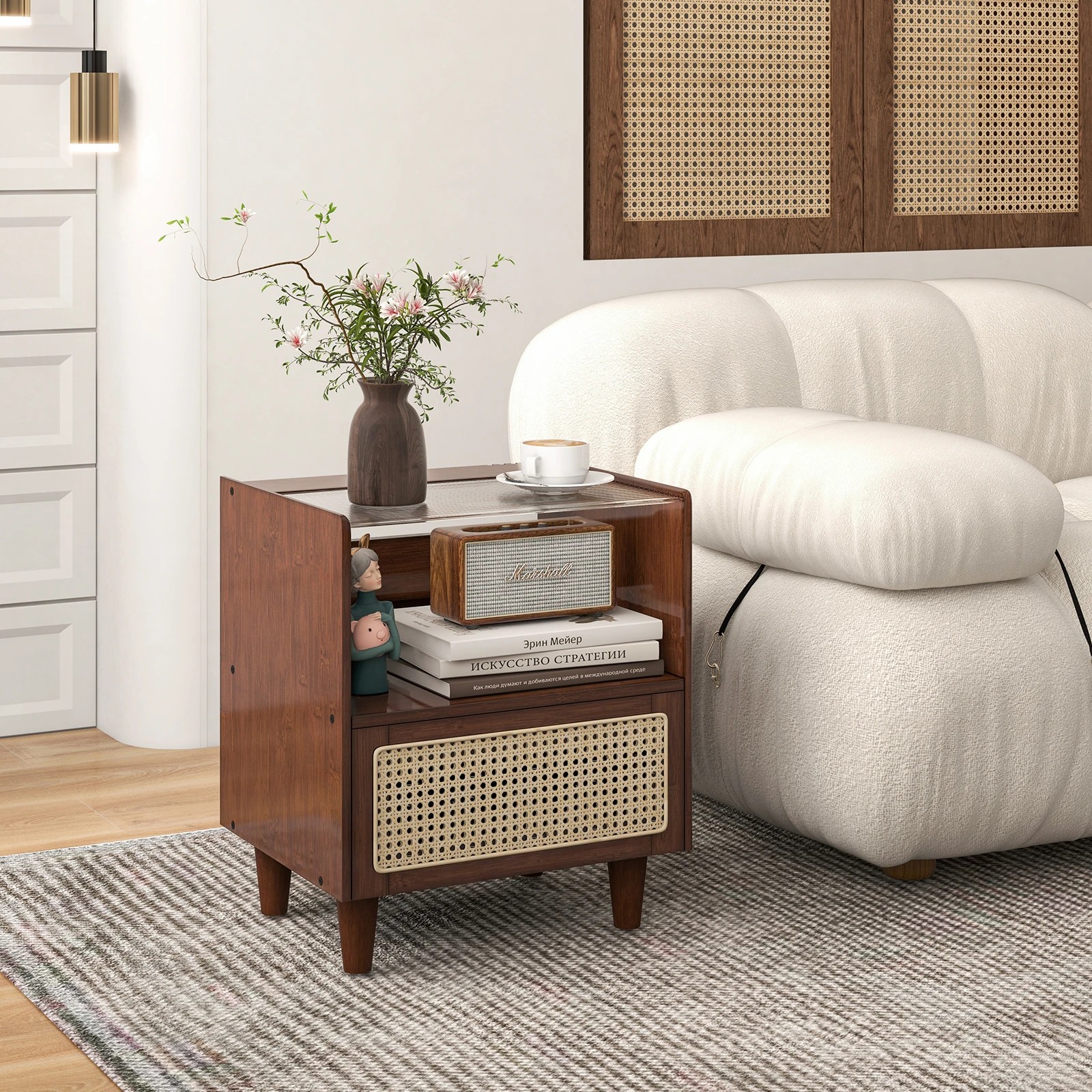 3 Costway Bamboo Rattan Nightstand Boho End Side Table w/Solid Wood Legs - Brown, 3 of 5