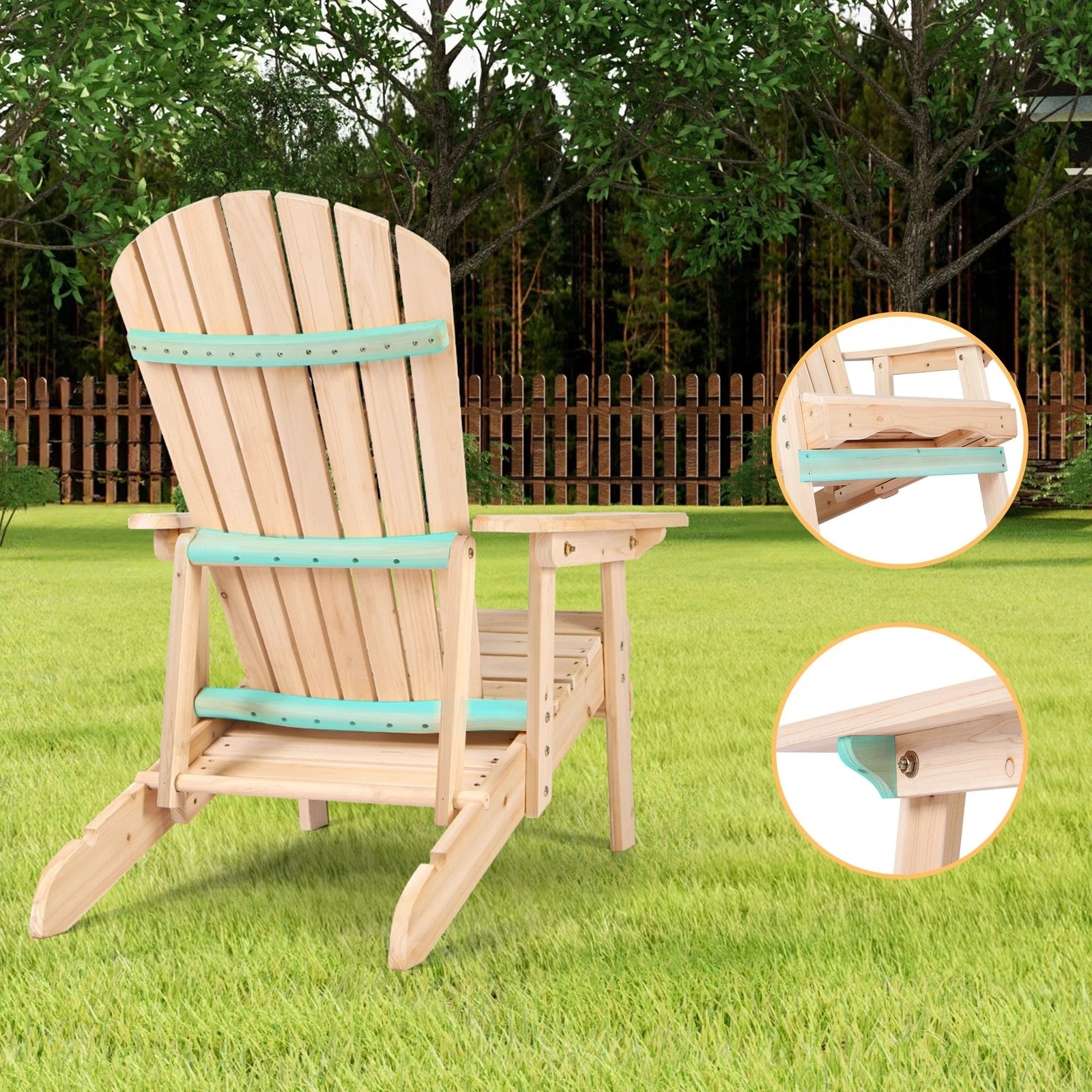 7 Alfordson 2x Outdoor Chairs Wooden Adirondack w/ Ottoman Patio Beach Garden - Natural, 7 of 10