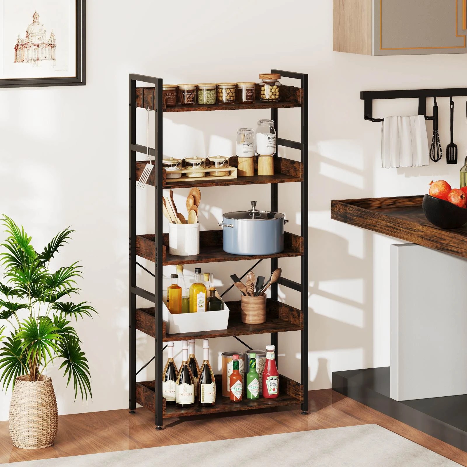 2 Costway 5-Tier Bookshelf w/Hooks Tall Bookcase Corner Storage Rack Display Shelf - Brown, 2 of 4