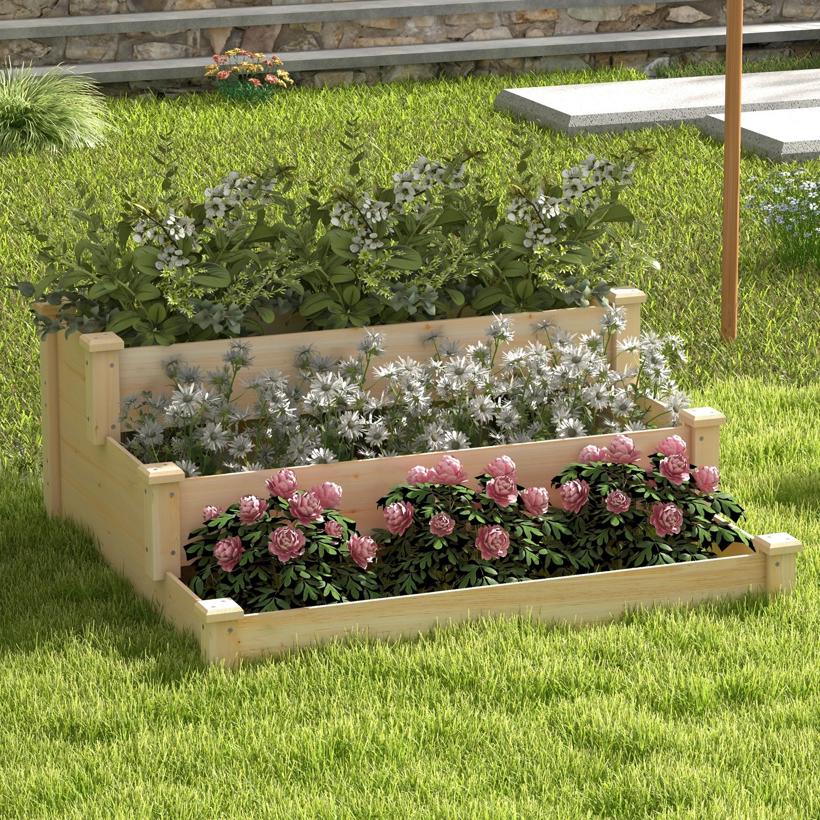 3 Costway 3-Tier Wooden Raised Garden Bed w/Open-Ended Base Elevated Flower Box Growing Planter, 3 of 4