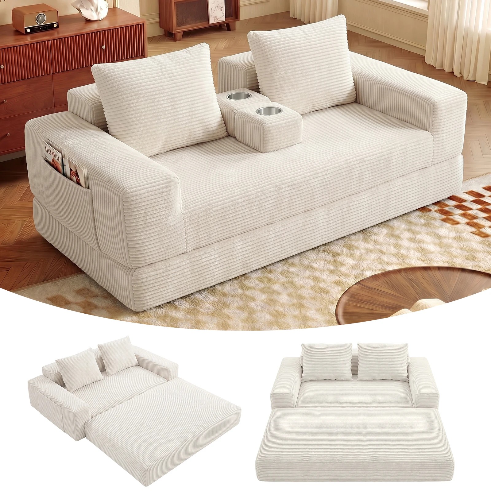 3 Advwin Folding Sofa Bed 2 in 1 Convertible Floor Loveseat Fold Out Corduroy Sleeper Couch - Beige, 3 of 7