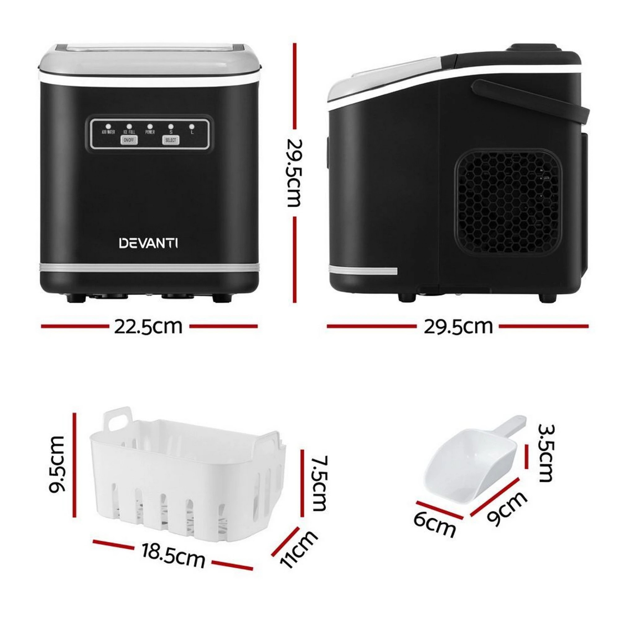 2 Devanti Ice Maker Machine Portable 12kg Countertop w/Self Cleaning 1.3L - Black, 2 of 7