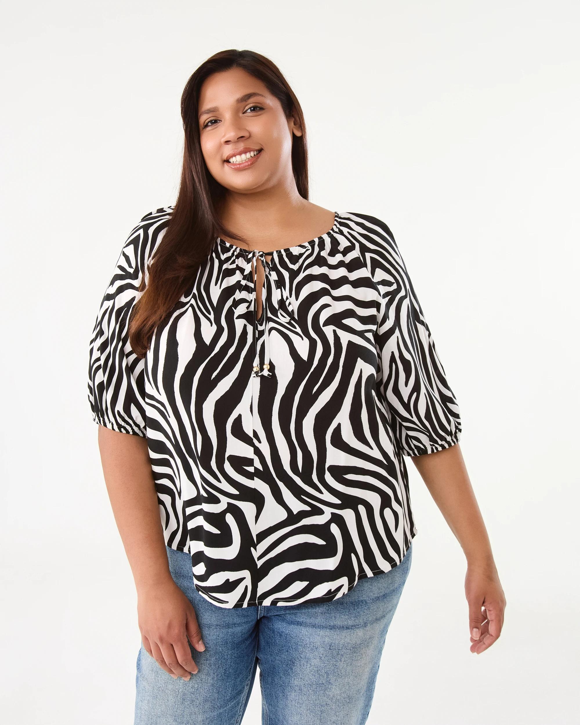 1 Curve Short Sleeve Tie Front Blouse Zebra, 1 of 7