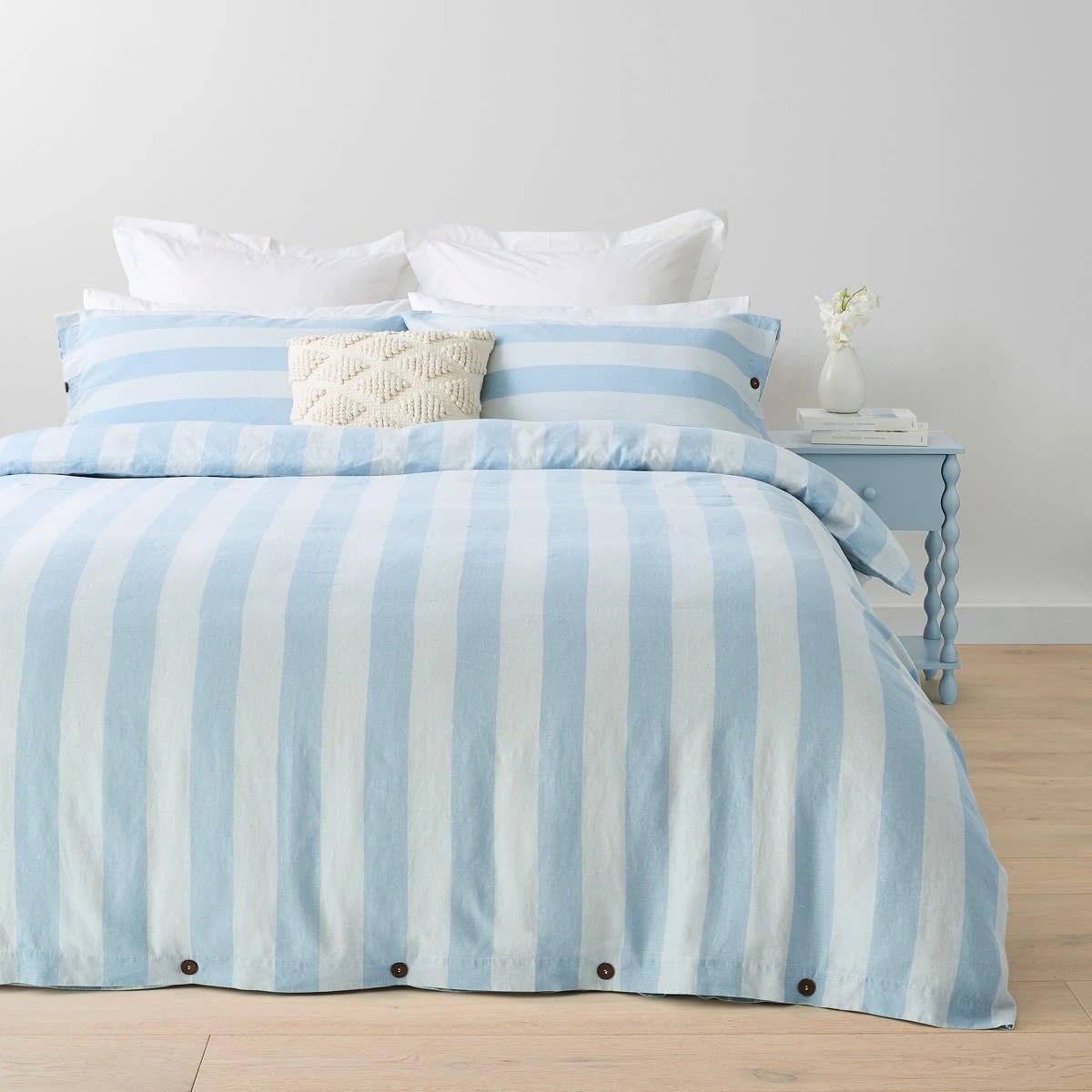 1 Stripe Linen Cotton Quilt Cover Set - King Bed, Blue, 1 of 7