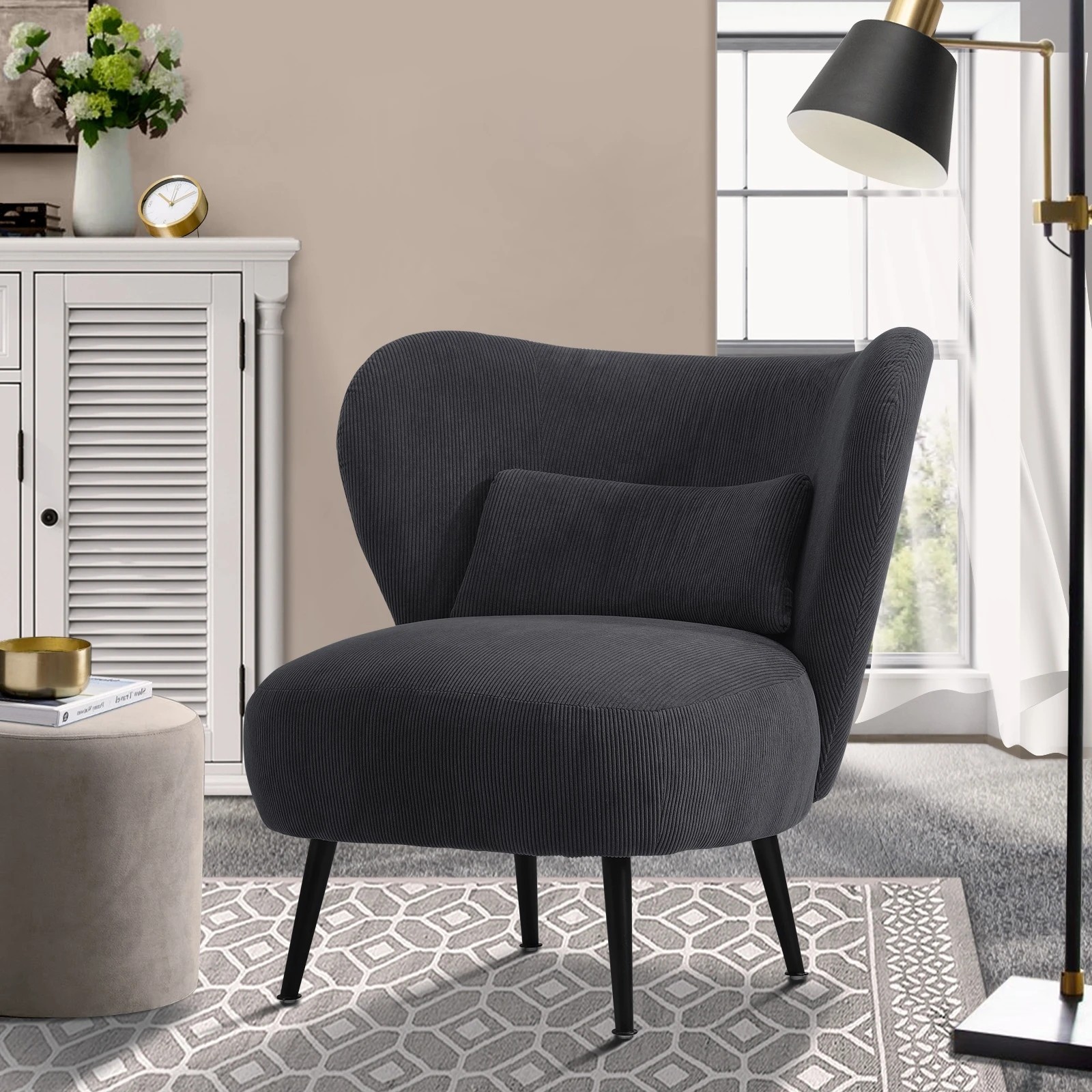 2 Oikiture Armchair Lounge Chair With Lumbar Pillow Wingback Velvet
 - Charcoal, 2 of 10