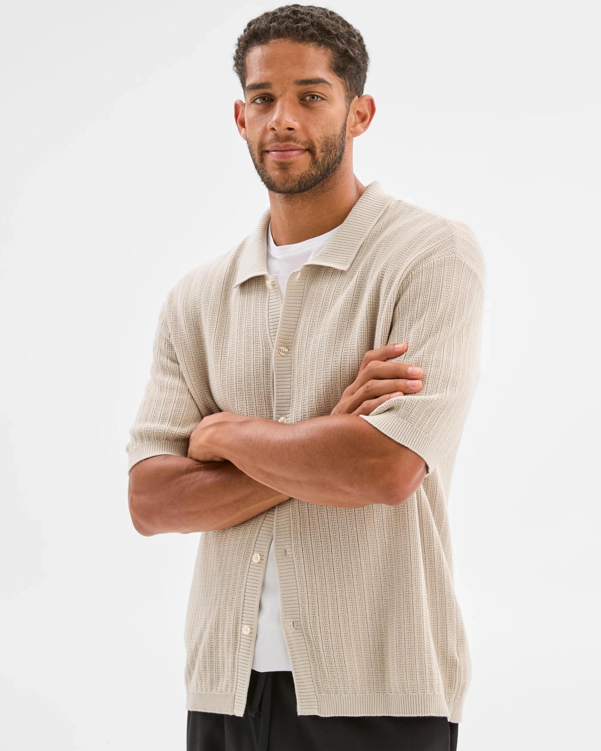 3 Australian Cotton Textured Stripe Knit Shirt - Preview NEUTRAL, 3 of 6