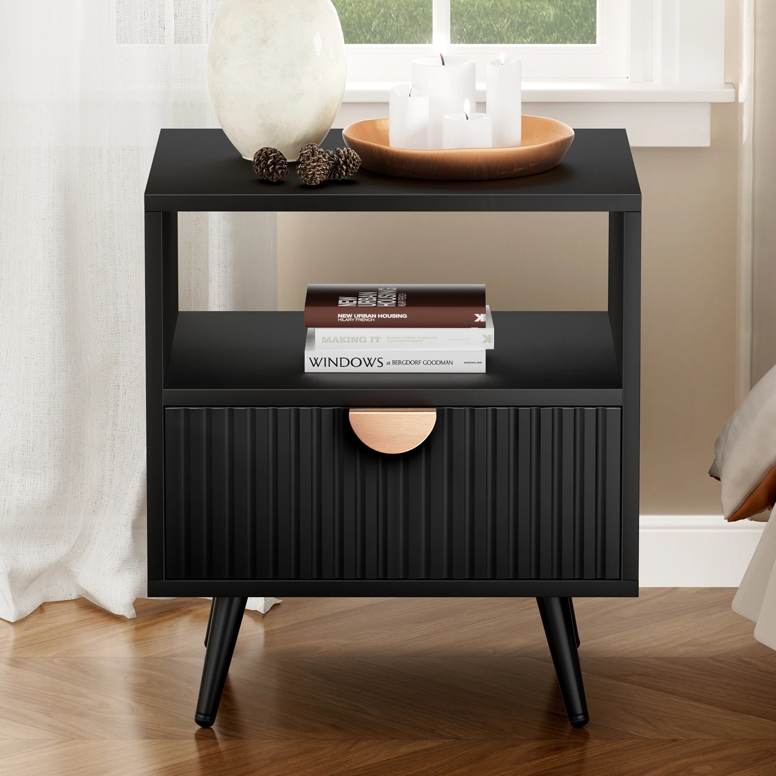 2 Alfordson Bedside Table 1 Drawer Side Storage Shelf Nightstand - Black, 2 of 10