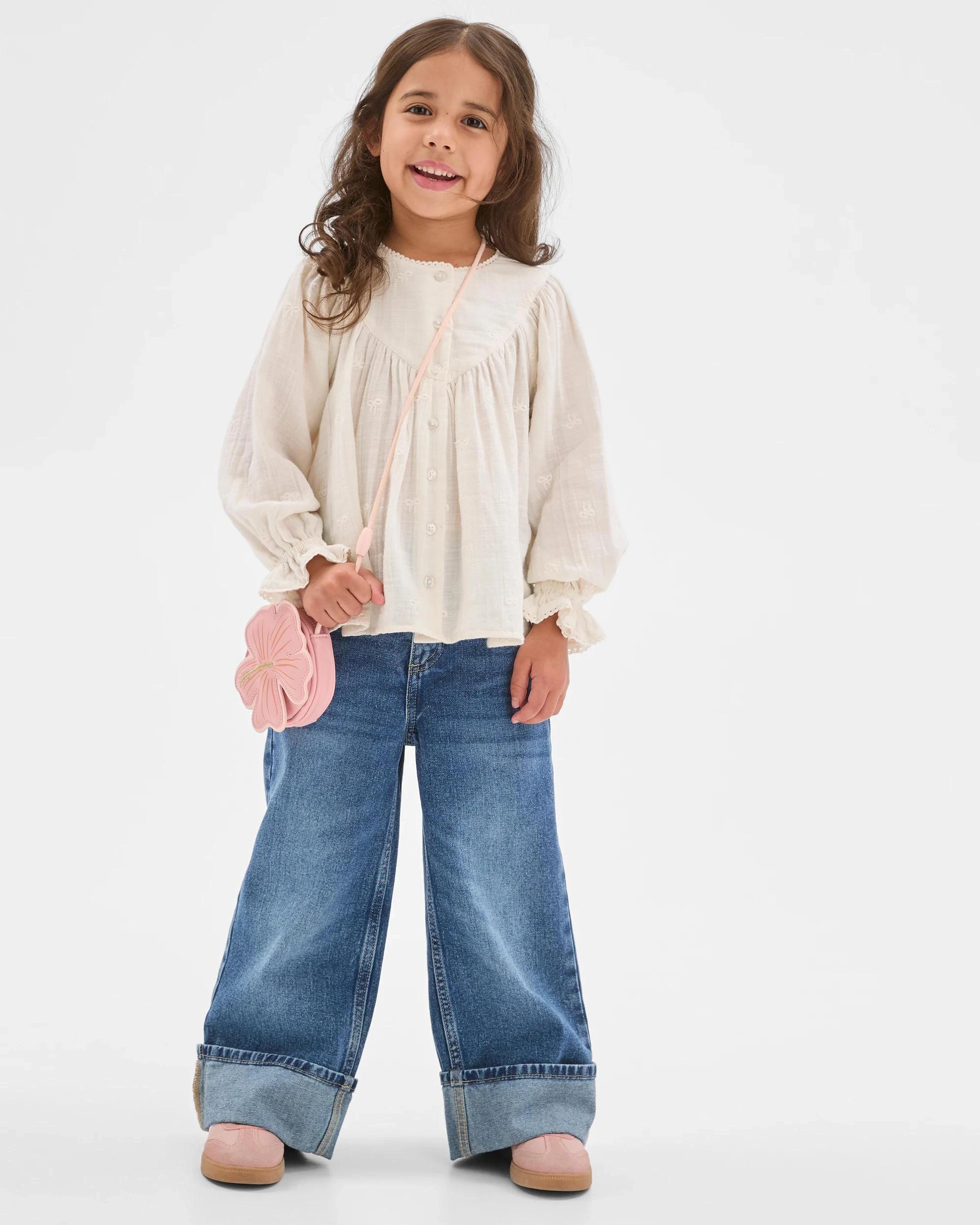 2 Target Kids Long Sleeve Woven Button Through Ruffle Blouse CREAM, 2 of 6
