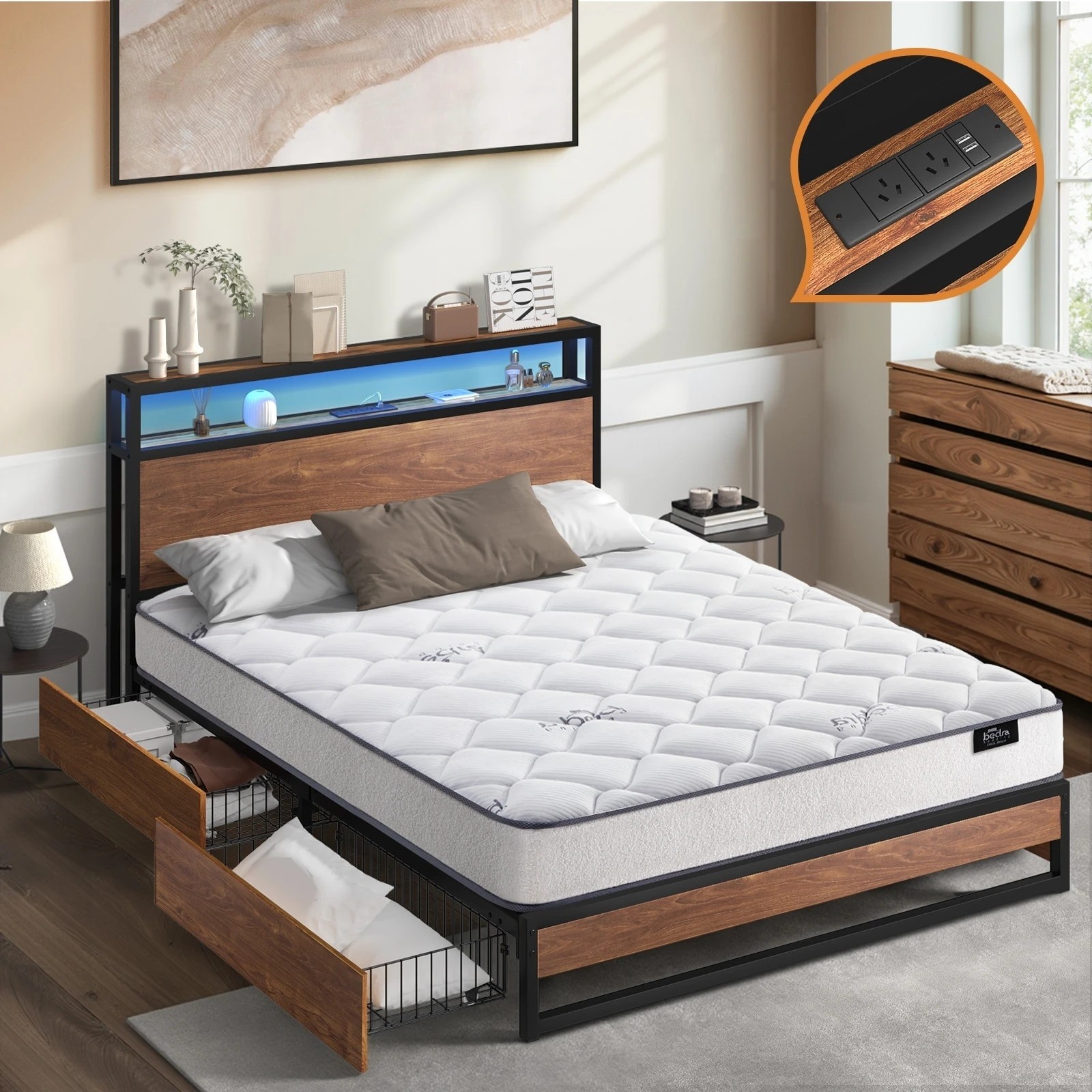 3 Oikiture Metal Bed Frame King Size LED 4 Storage Drawers USB with Mattress - Brown, 3 of 10