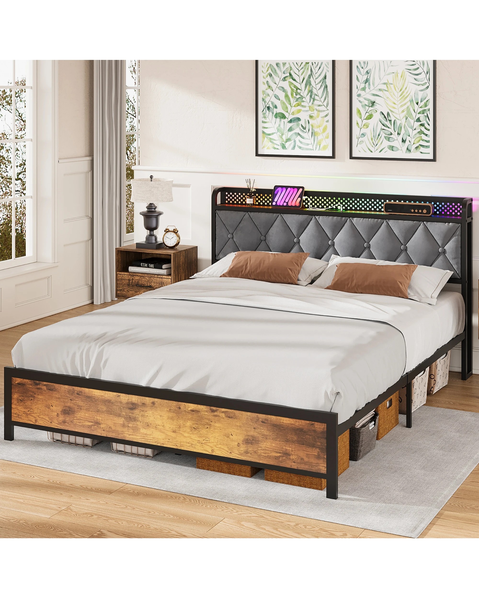 8 Advwin Queen Bed Frame With Charging Station And Rgb Led Lights Storage Headboard Shelf, 8 of 8