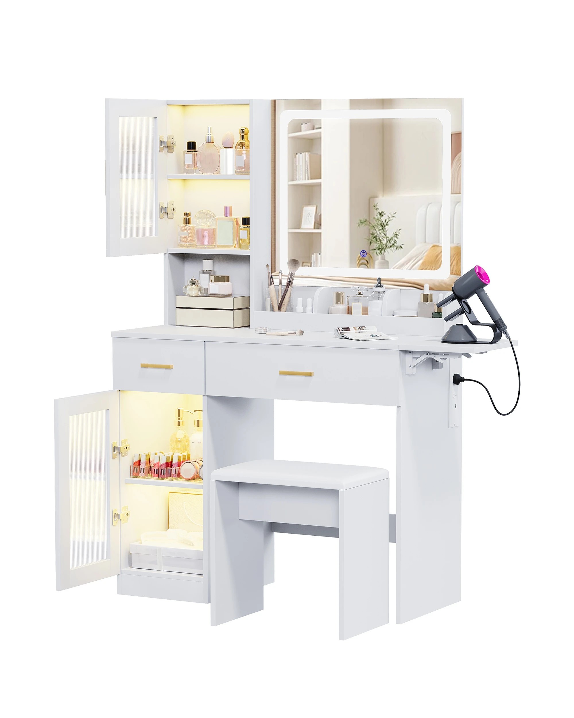 5 Advwin Dressing Table with LED Mirror,RGB Cabinet, Charging Station & Foldable Countertop - White, 5 of 10